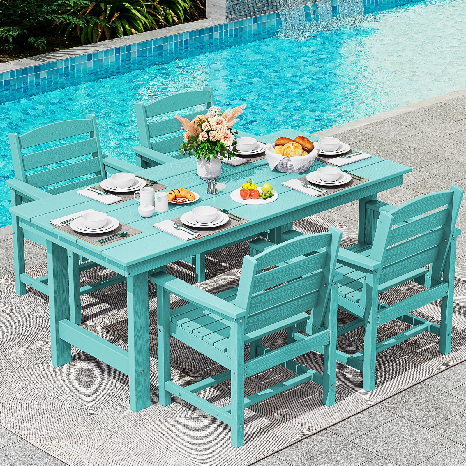 SERWALL 5 Pcs HDPE Patio Dining Set w/Umbrella Hole Table &amp; 4 Chairs, Aruba | HDPE Outdoor Dining Set with Rectangular Table &amp; 4 Chairs, All-Weather Patio Dining Furniture