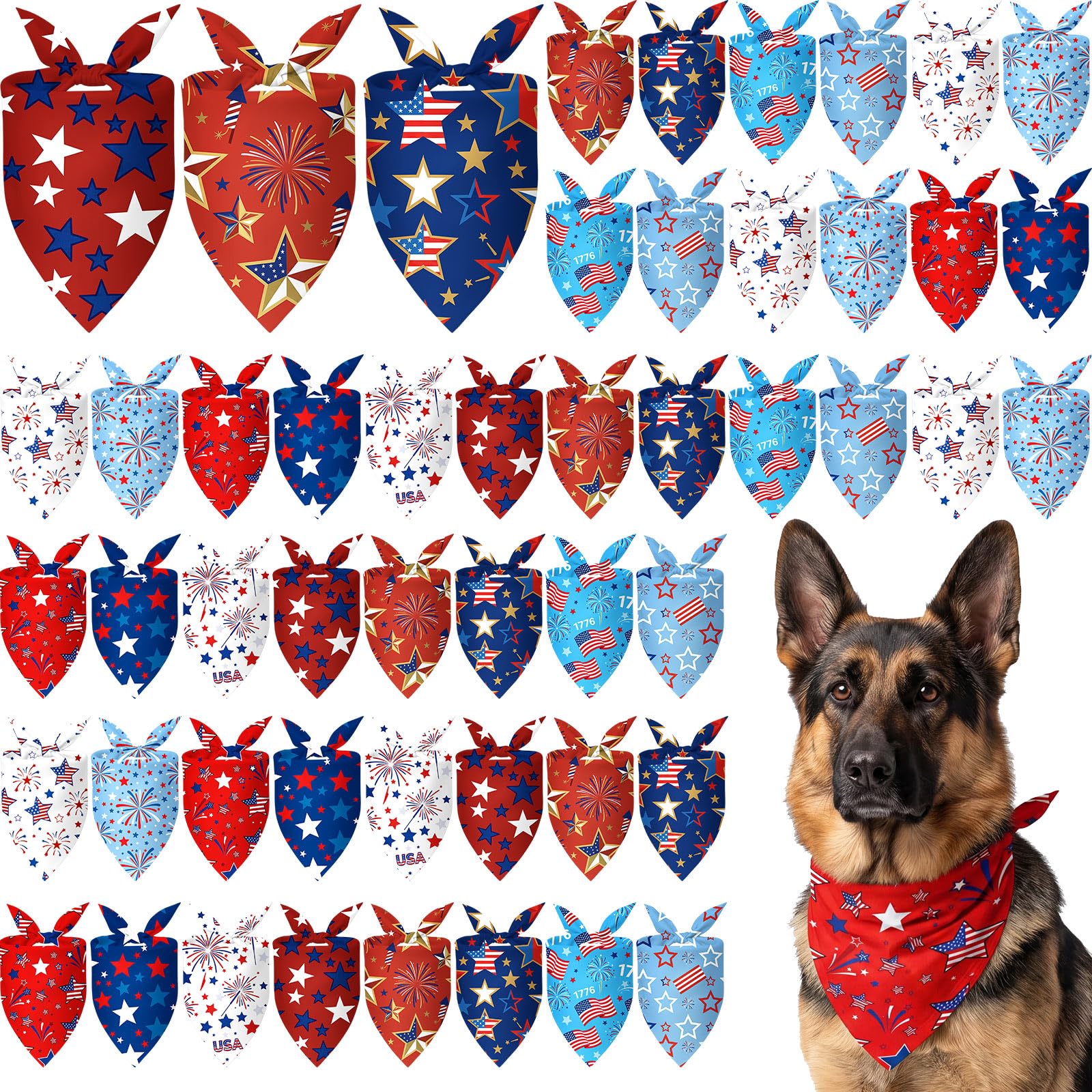 Weewooday 50 Pcs 4th of July Dog Bandanas Bulk for 1776 Patriotic 250th Anniversary Star Red White and Blue Independence Day Flag Scarf for Small Medium Large Outfit(Star, 31.5 x 21.7 X21.7 Inch) — image 1