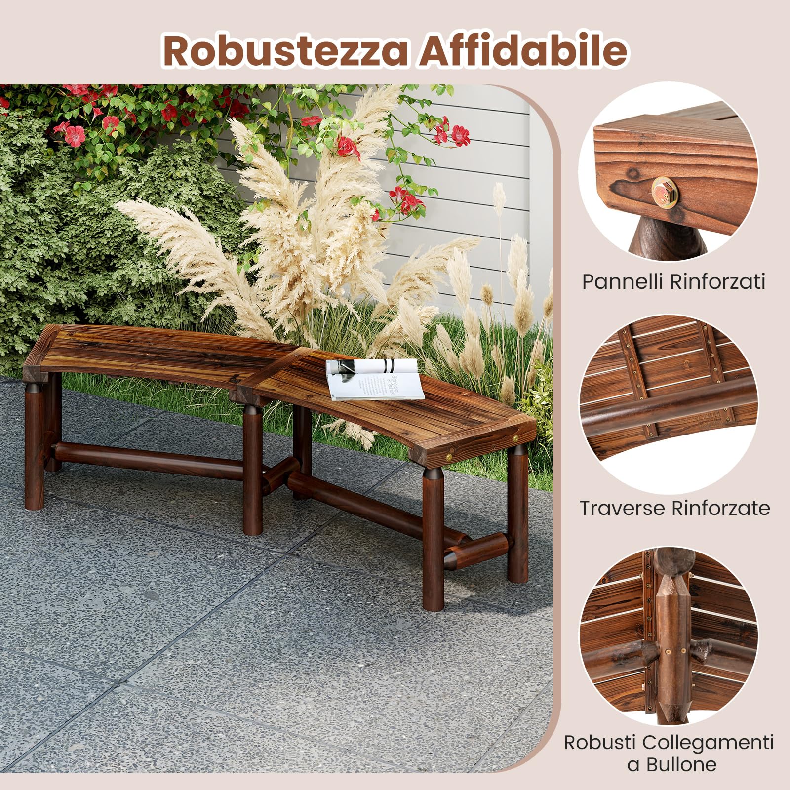 COSTWAY Panchina Curva da Patio, Panchina di Legno Massello per 2-3 Persone, Panca da Fuoco Senza Schienale per Esterni, Giardino e Bordo Piscina, Portata 360 kg (Marrone)