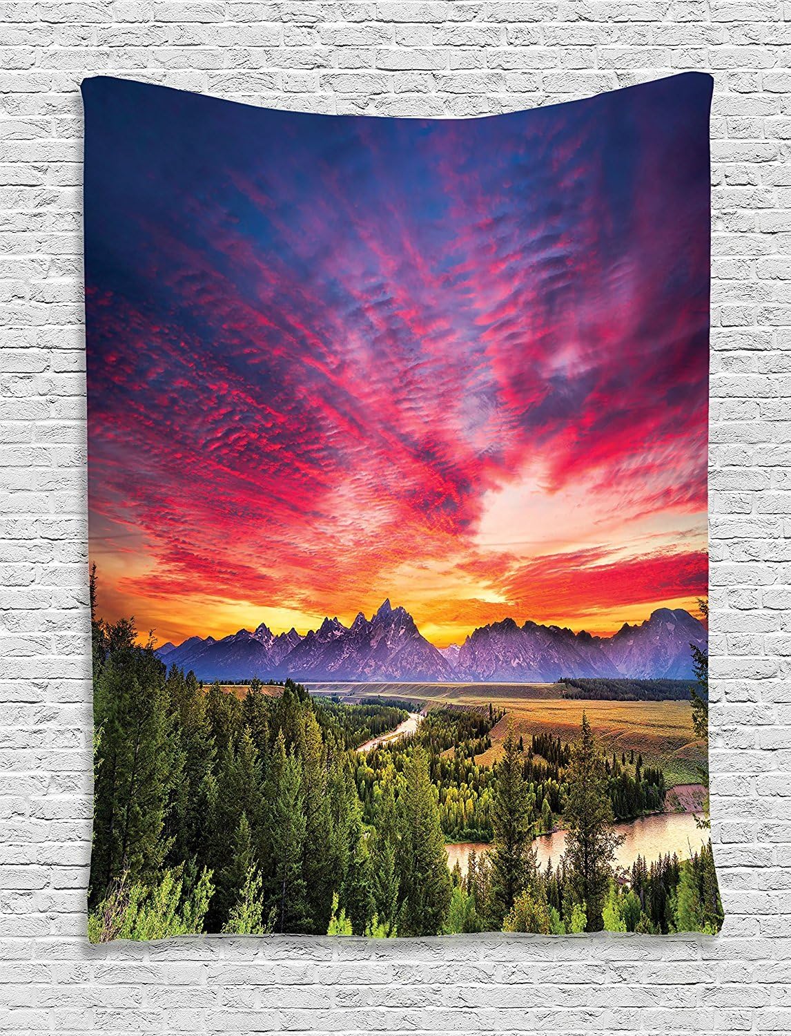 Ambesonne Landscape Tapestry, Colorful Skyline Clouds in the Forest Lake River Mountain Landscape Sunburst, Wall Hanging for Bedroom Living Room Dorm Decor, 40" X 60", Multicolor