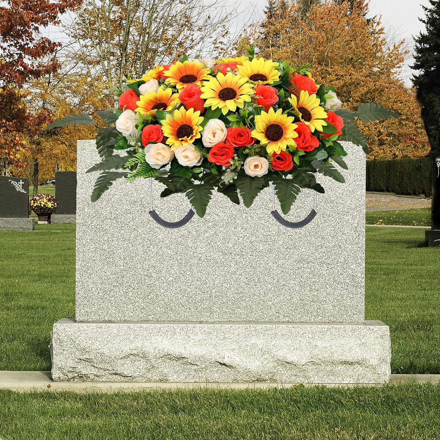 Lodou Artificial Cemetery Flowers Saddle-Shaped Tombstone Decorations,Large Headstone Flower Saddle,Rose Sunflower Memorial Flowers (Yellow Beige)