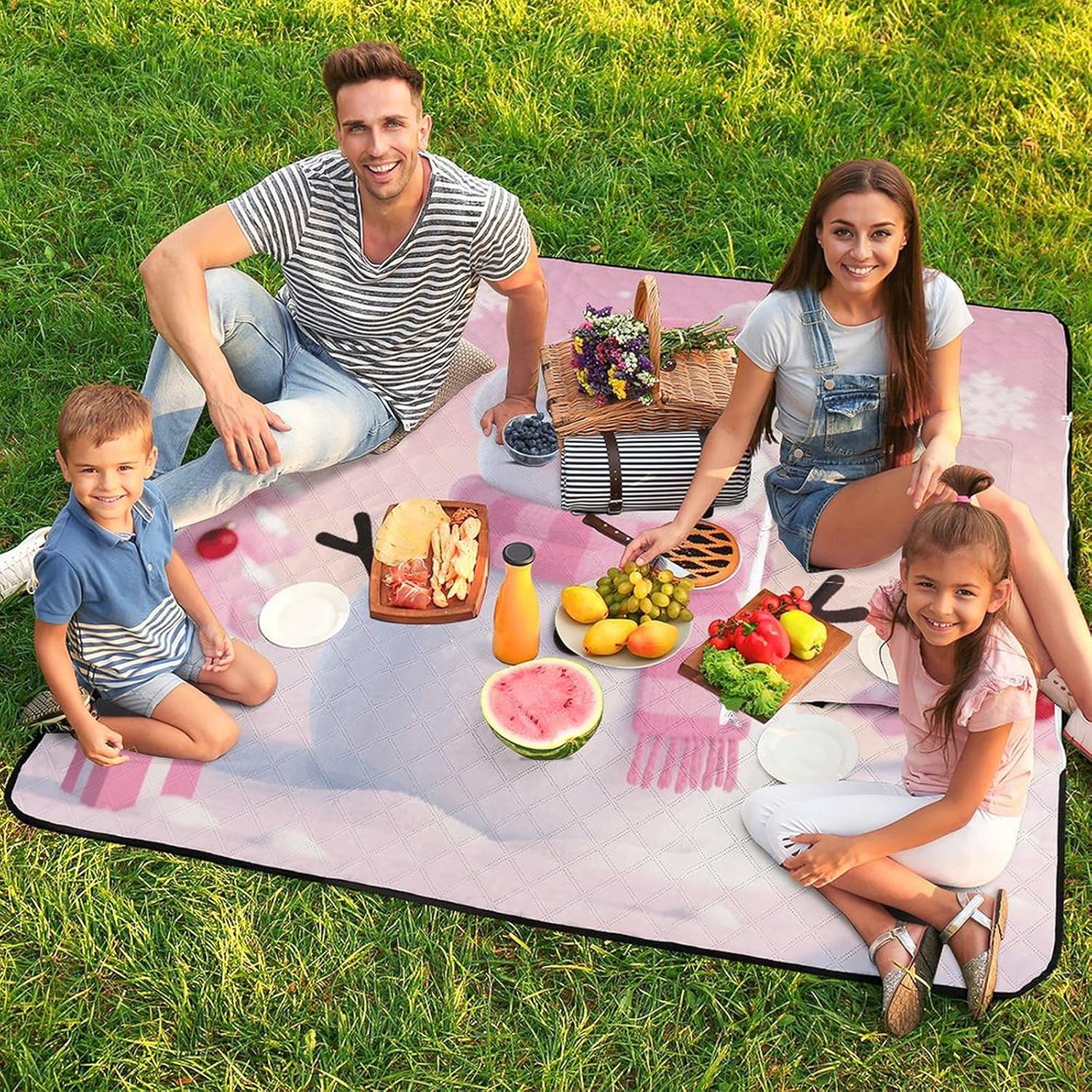 Pink Cute Snowman Picnic Blanket 150x150cm, Foldable 2-in-1 Picnic Mat and Tote Bag Portable Waterproof Beach Mat Sandproof Outdoor Blanket for Park, Hiking, Beach, Camping, Travel