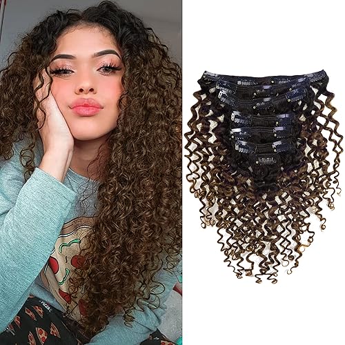 Anrosa Jerry - Extensiones de cabello humano rizado con clip, 3B 3C, color negro natural degradado #1B que se desvanece a marrón oscuro #4,