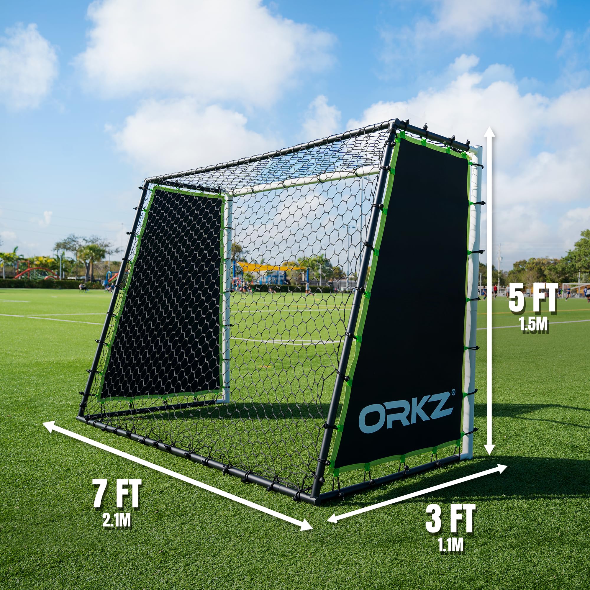 ORKZ Soccer Goal Rebounder Trainer 3-in-1 | 7X5' Large Ultra-Responsive Rebound Net for Powerful Football Practice, High Passing, Low Passing and Shooting Training, Includes Ground Stakes