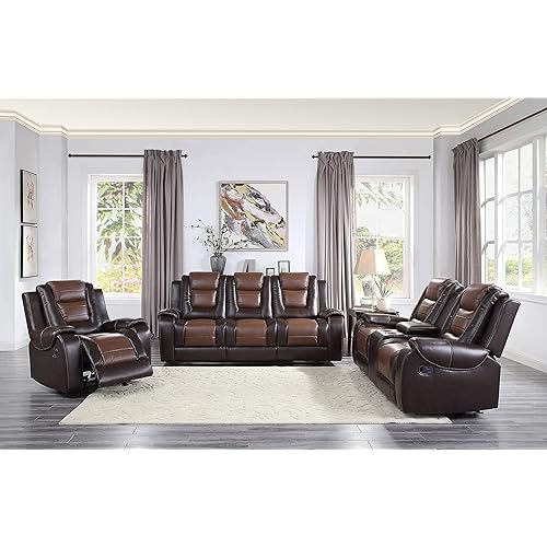 Lexicon Reclining Living Room Set, Manual Reclining Sofas, Couches for Living Room, Includes Reclining Sofa, Double Gliding Loveseat and Glider Recliner, 3-Piece Set, Two-Tone Brown​