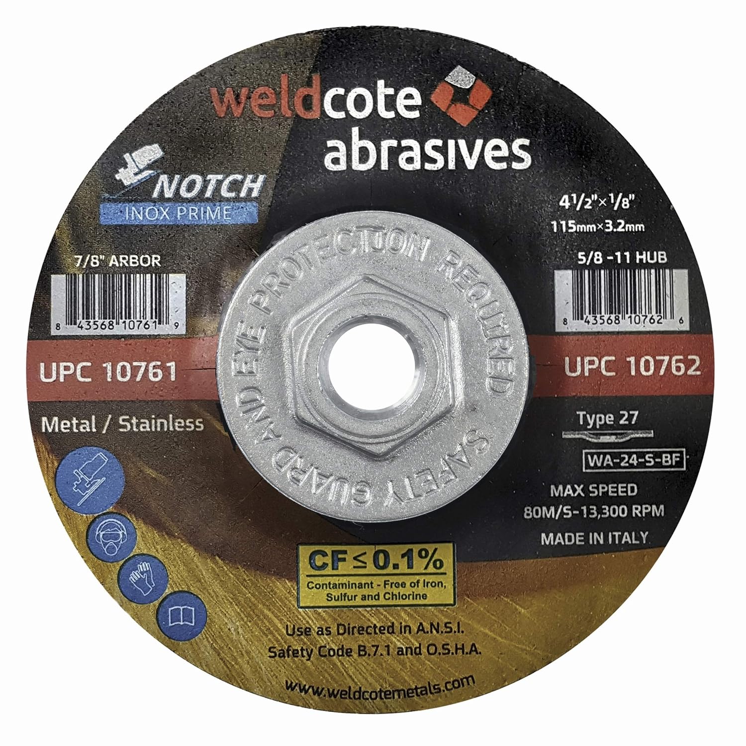 4-1/2” X 1/8” X 5/8-11 HUB, INOX-Prime 24-S-BF, Type-27, Notching and Grinding Wheels for Right Angle Grinder. Box of 10