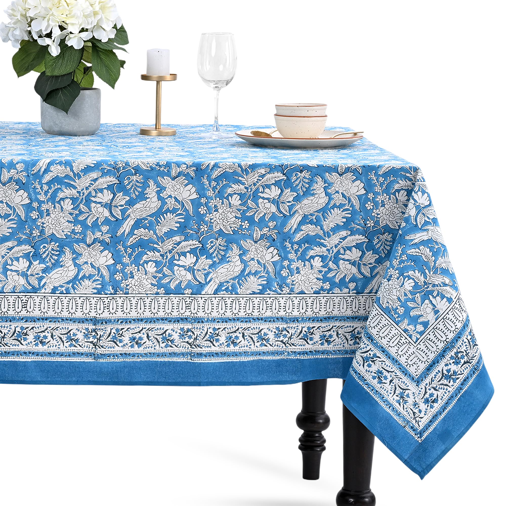 CPC Blue Sapphire Block Print 100% Cotton Rectangle Tablecloth 60x120 Inch