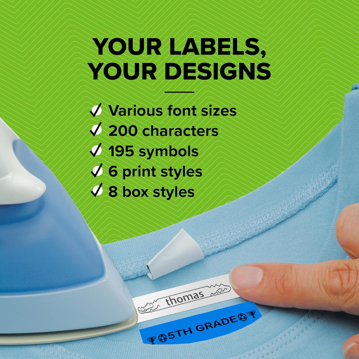 Dymo LetraTag LT-100H showing various font sizes, characters, symbols, print styles, and box styles