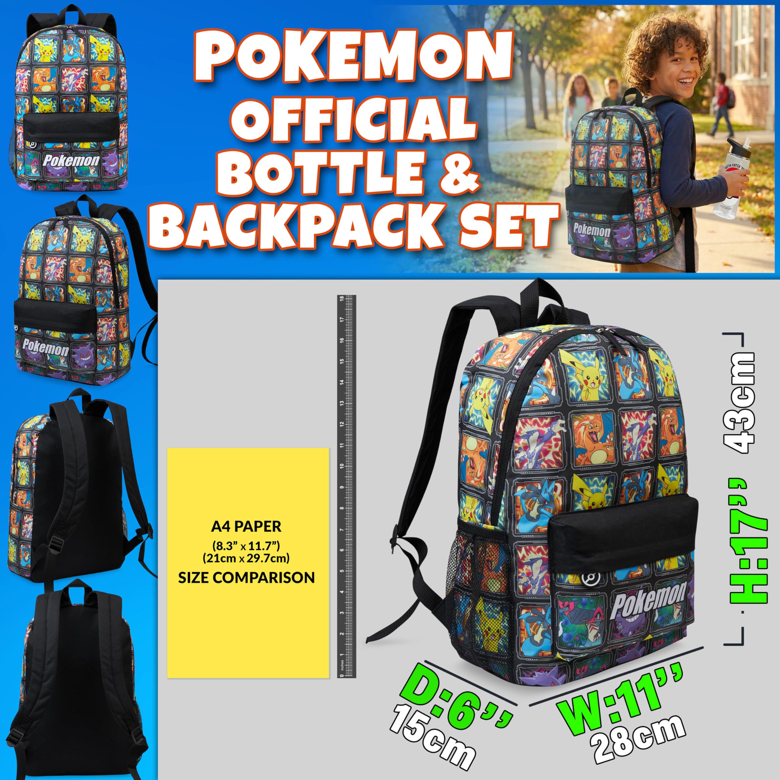 Get Trend Pokemon Card Sac a Dos Enfant Garcon avec Gourde, Grand Fermeture Eclair Cartable et sans BPA Gourde Sport 500ml, Cadeau Garcon (Multi Pokemon)