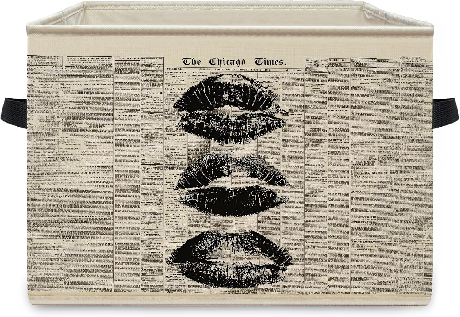 Vintage Newspaper Lip Print Foldable Storage Bins Box with Handles, Retro Black and White Kiss Lips Collapsible Organizer Basket for Girls Dorm Bedroom Bathroom Clothes Books