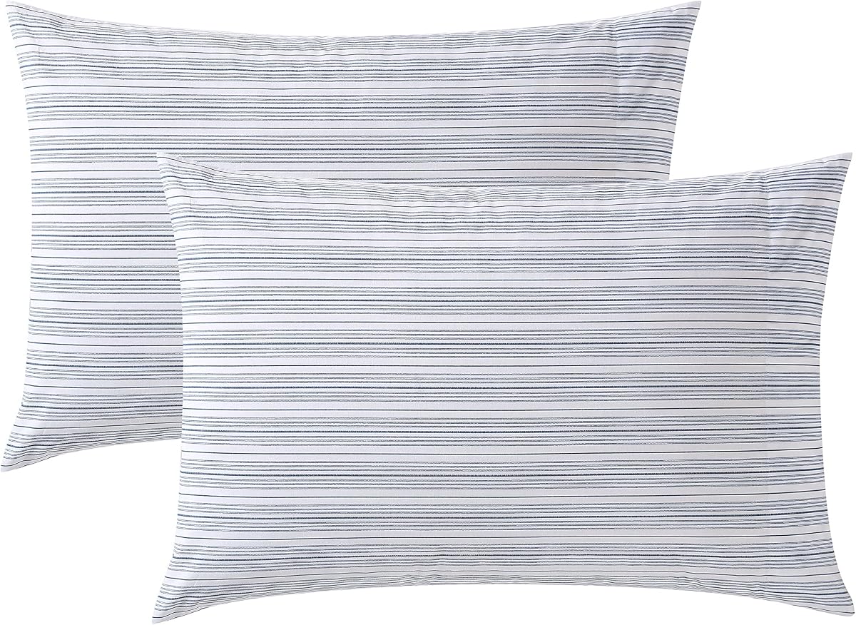 Nautica – Juego de funda de almohada estándar, ropa de cama de percal de algodón nítido con cierre de sobre, ligero, decoración de habitación a rayas, elementos esenciales para dormitorio universitario (Beaux Stripe Blue, juego de 2)