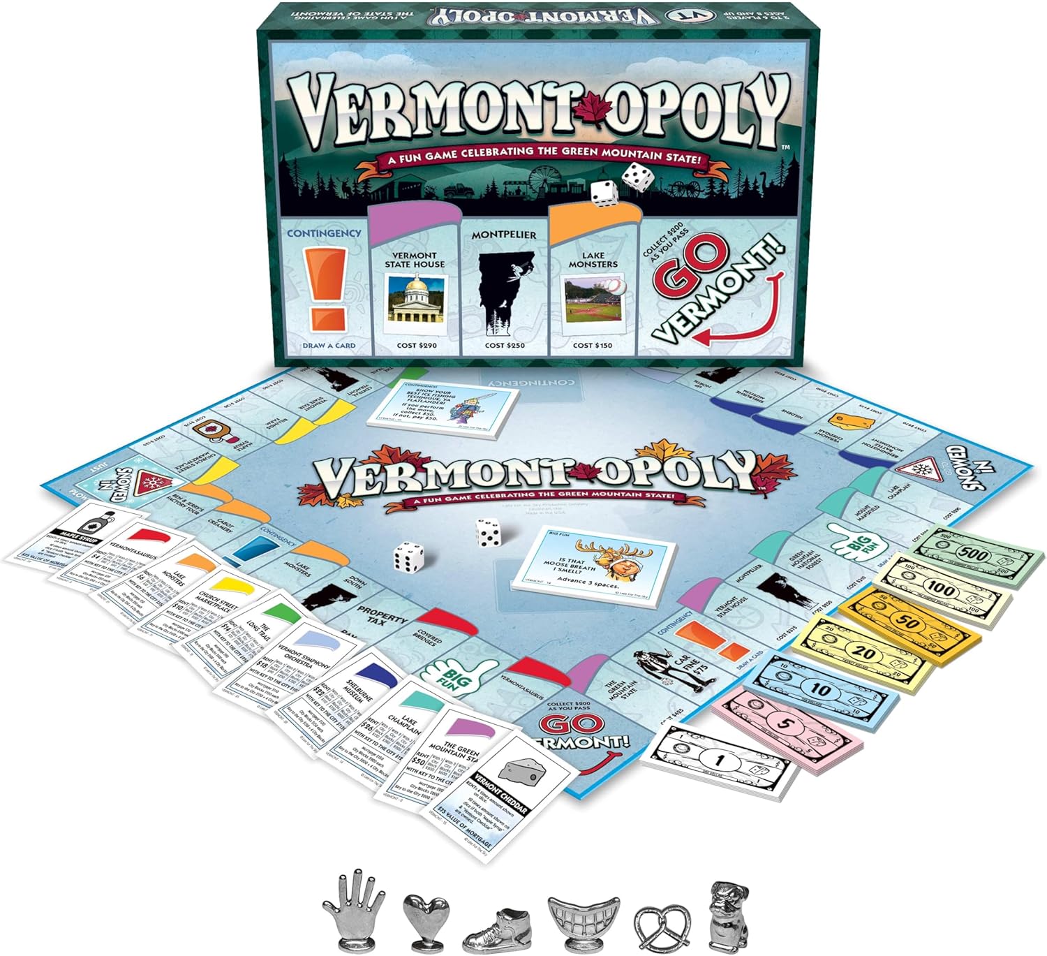 Late for The Sky Vermont-Opoly State Themed Family Board Game, Vermont Strategy Board Game for Adults and Kids, Ages 8+, 2–6 Players, Traditional or 1 Hour Play