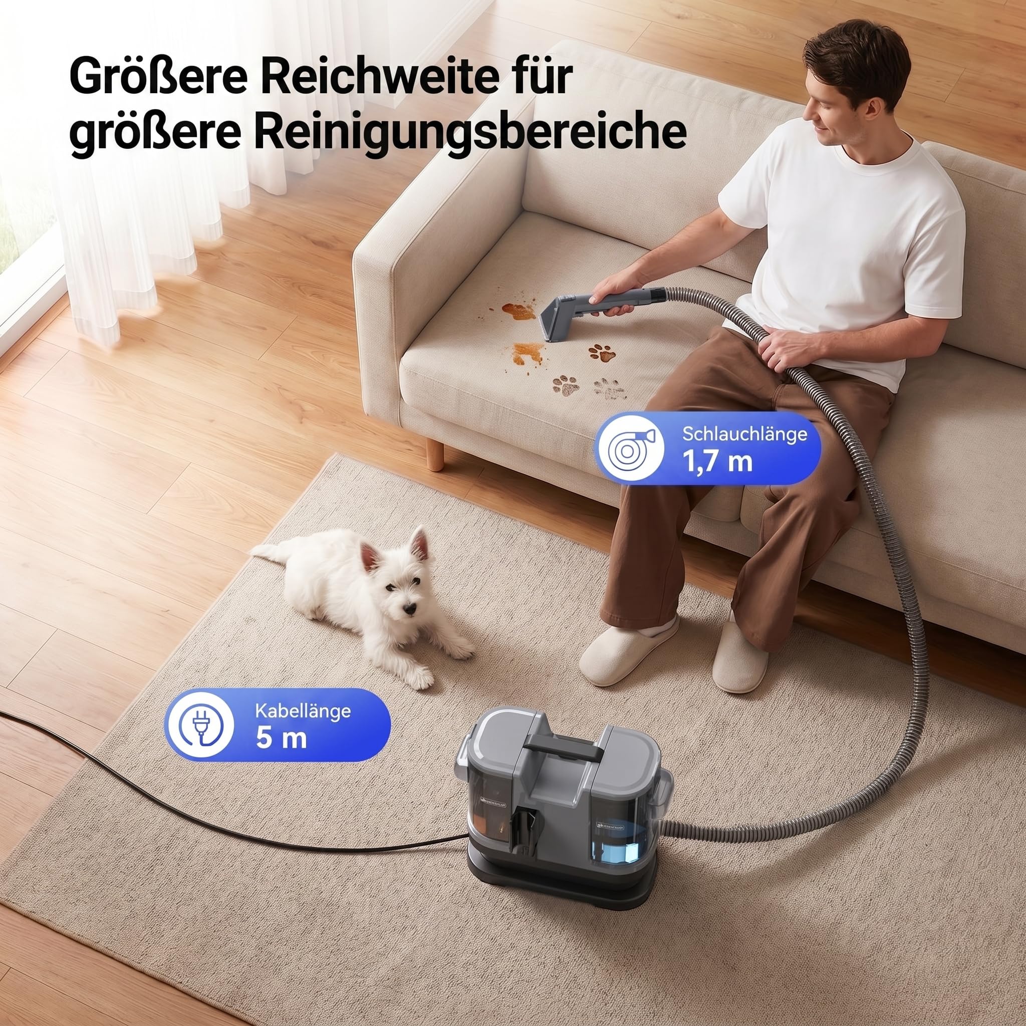 Lubluelu Limpiador de almohadas 600 W - 22 kPa limpiador de alfombras portátil con función de autolimpieza y manguera larga para alfombras, sofás y coches | Aspirador de lavado en húmedo con manguera larga, grandes tanques de agua y diseño ligero para alf