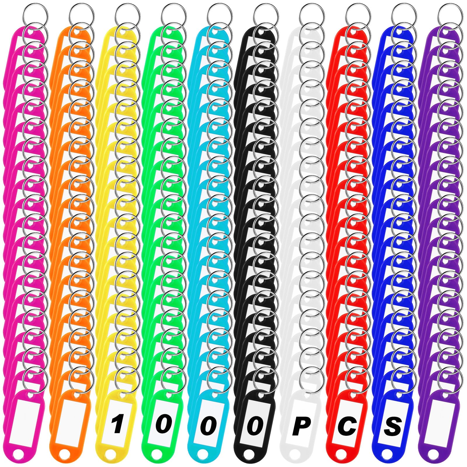 Kigeli 1000 Pcs Plastic Key Tags with Label Window 10 Assorted Colorful Key Ring Tags for ID Name Split Ring Keychain Luggage Travels Home Office