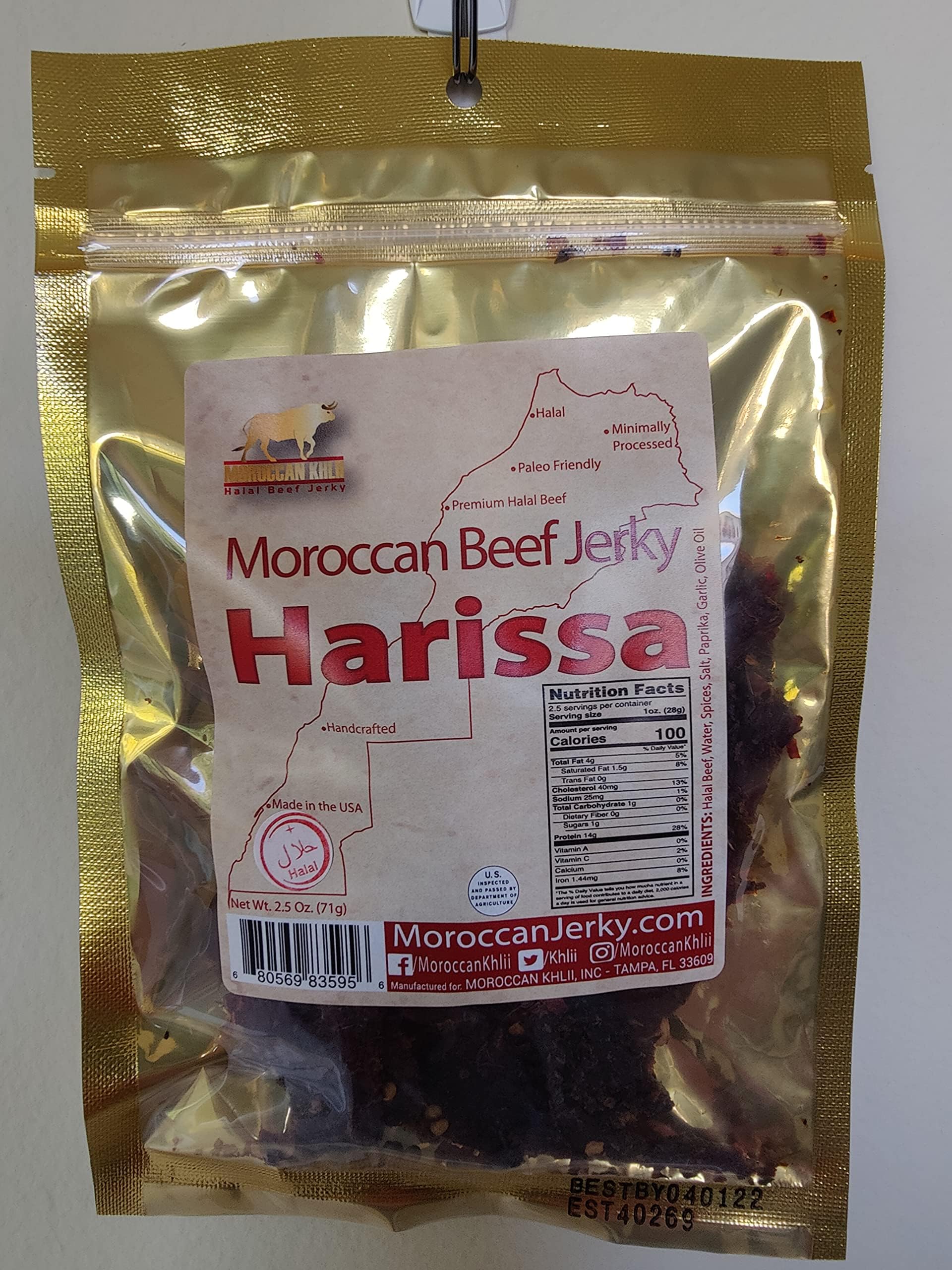 Moroccan Khlii Halal Beef Jerky 2.5 oz/ Harrissa Flavor (1 pack)