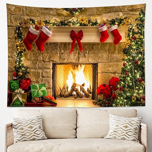 Miniatura 10 de HVEST Christmas Fireplace Tapestry Wall Hanging Christmas Tree with Christmas Stocking Decor Wall Tapestry Xmas Tapestry Warm Christmas Wall Art for