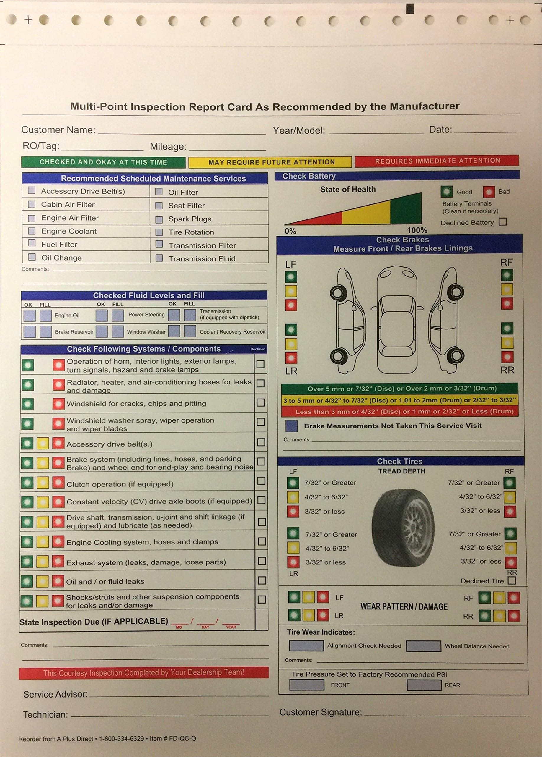 A Plus Multi Point Inspection Form 2 Part - FD-QC-O (250)