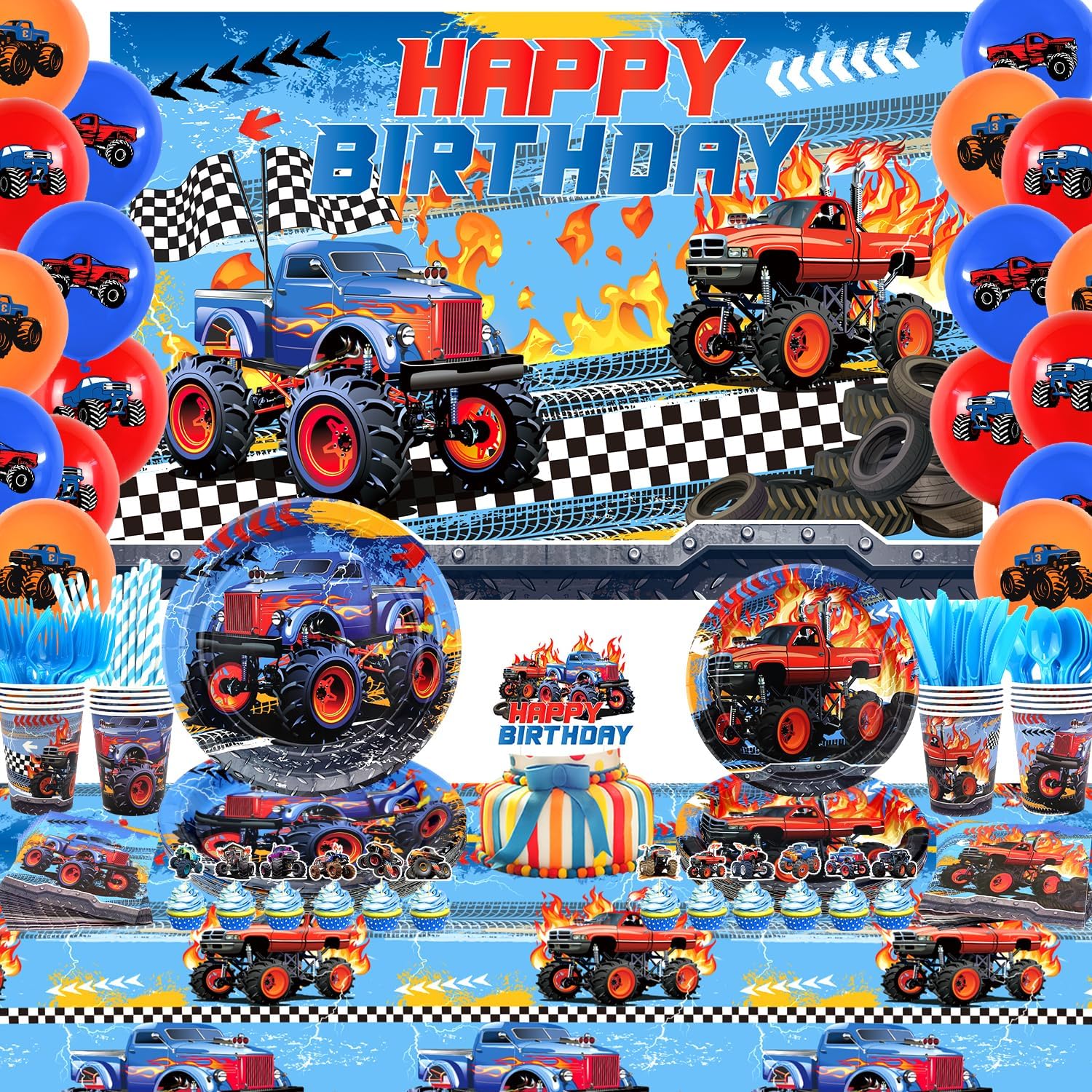 KEFAN Monster Truck Birthday Party Supplies, Monster Truck Party Decorations Set including Backdrop, Plates, Cups, Napkins, Tablecloth, Balloons for Children birthday Party (Background)