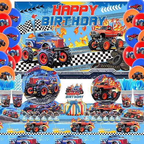 KEFAN Suministros para fiesta de cumpleaños de Monster Truck, juego de decoraciones de fiesta de camión monstruo que incluye telón de fondo, platos,