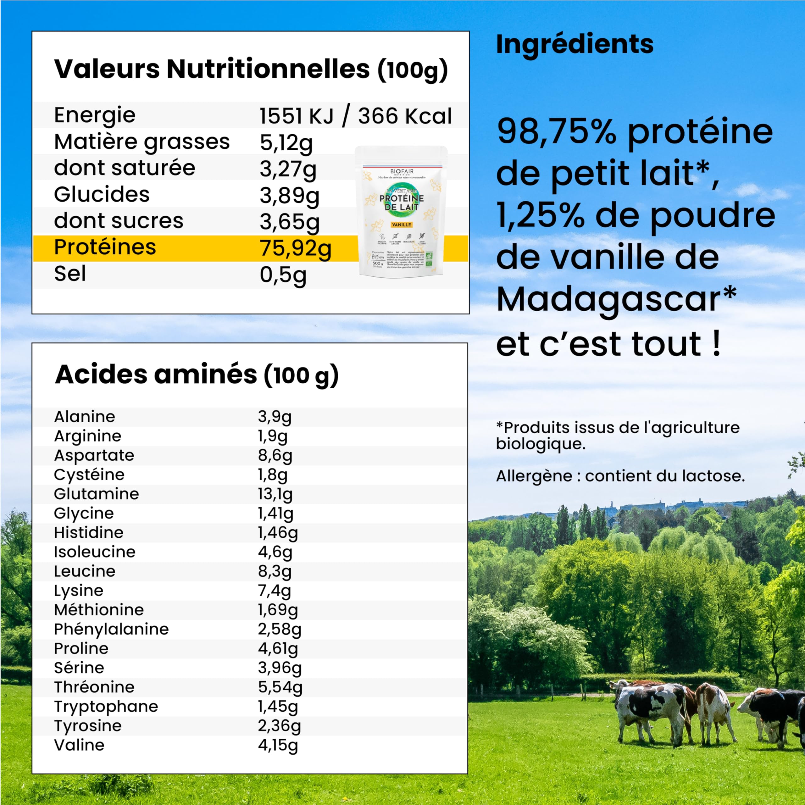Whey Protéine Vanille Bio - Saine, 100% Naturelle et Issue de Nos Pâturages Français - Goût Vanille - 500 Gr