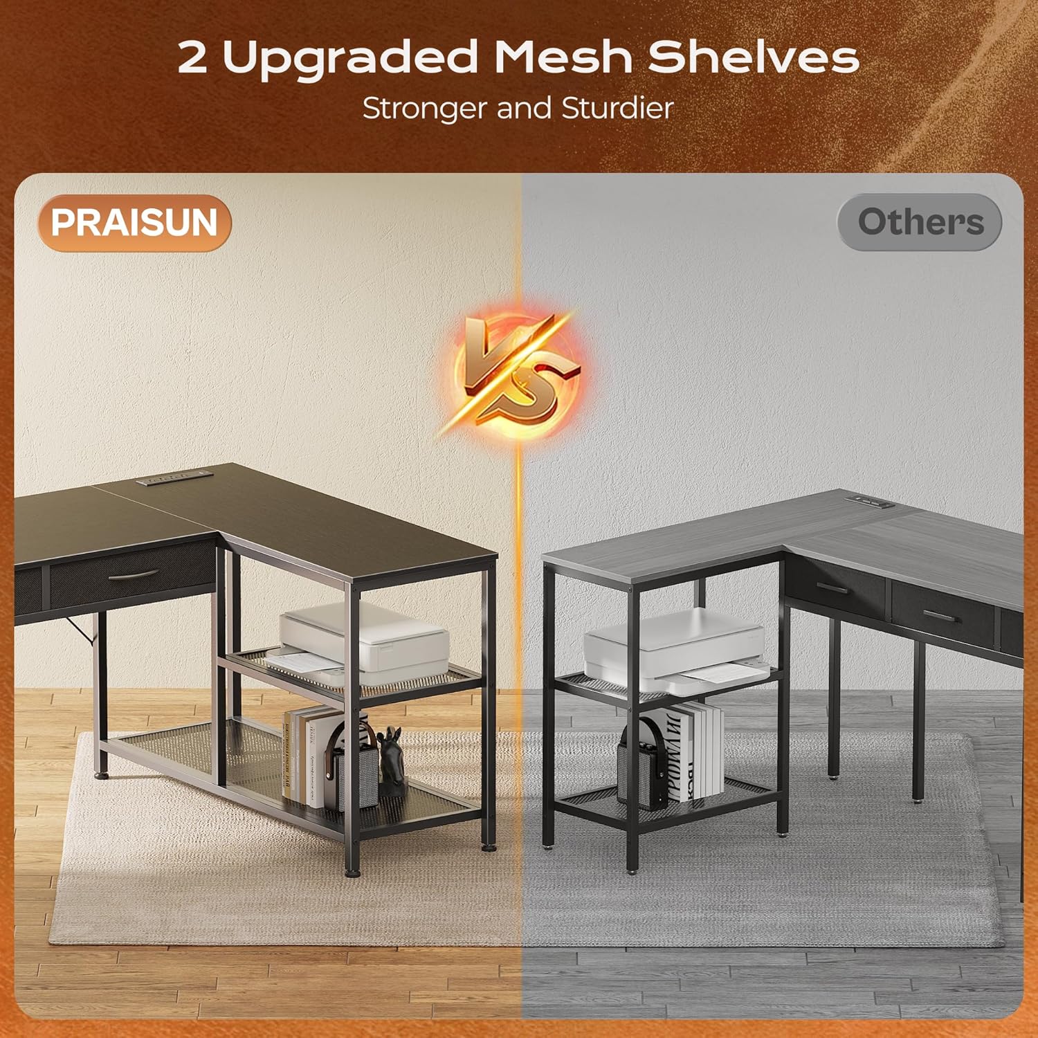 Comparison image showing the PRAISUN desk with upgraded mesh shelves versus another desk with standard shelves.