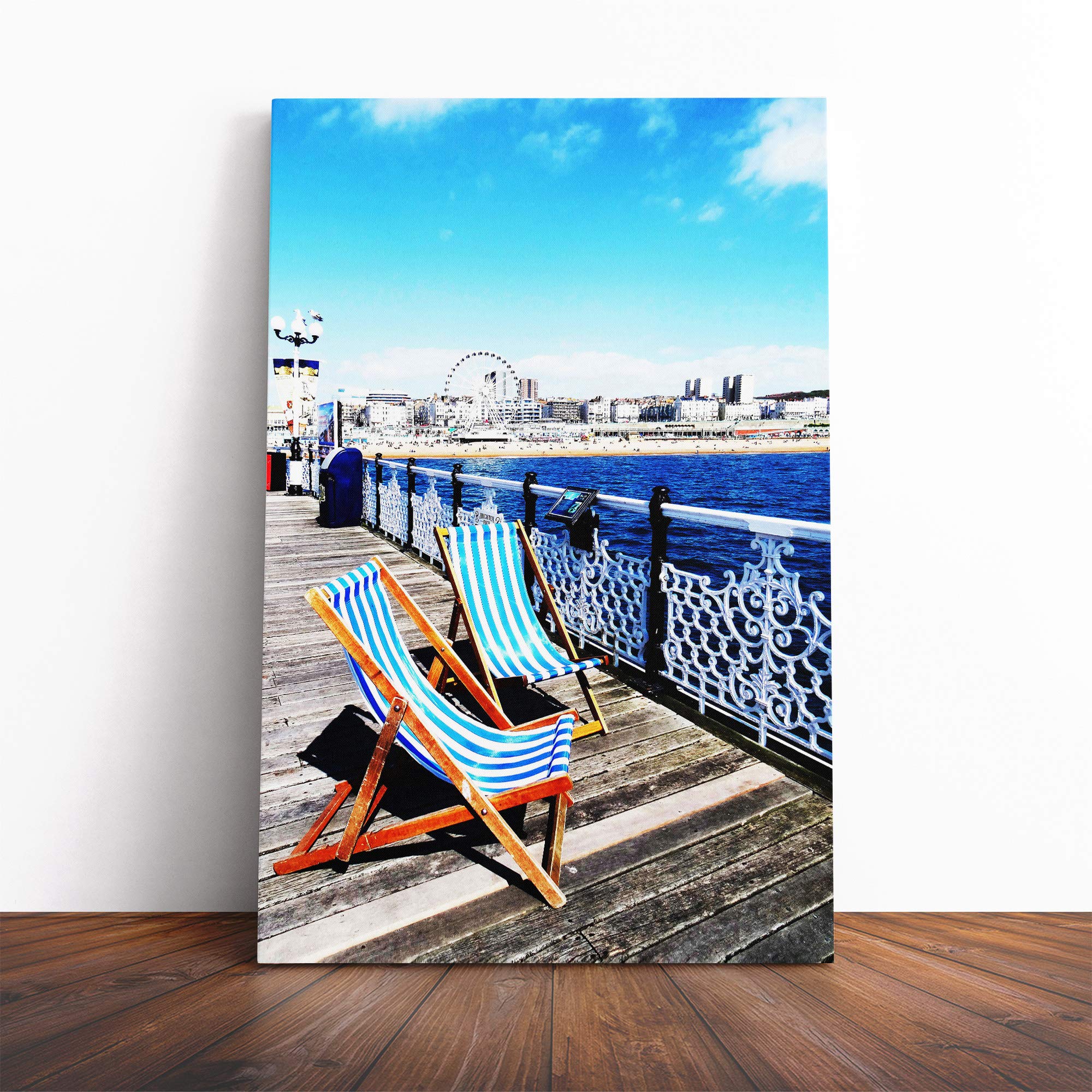 Deckchairs Brighton Beach Pier Canvas Print | Gallery Wrapped 30mm Frame Wall Art | 30x20 inches | Ready to Hang | Modern Seascape Picture | Living Room Bedroom Lounge Office