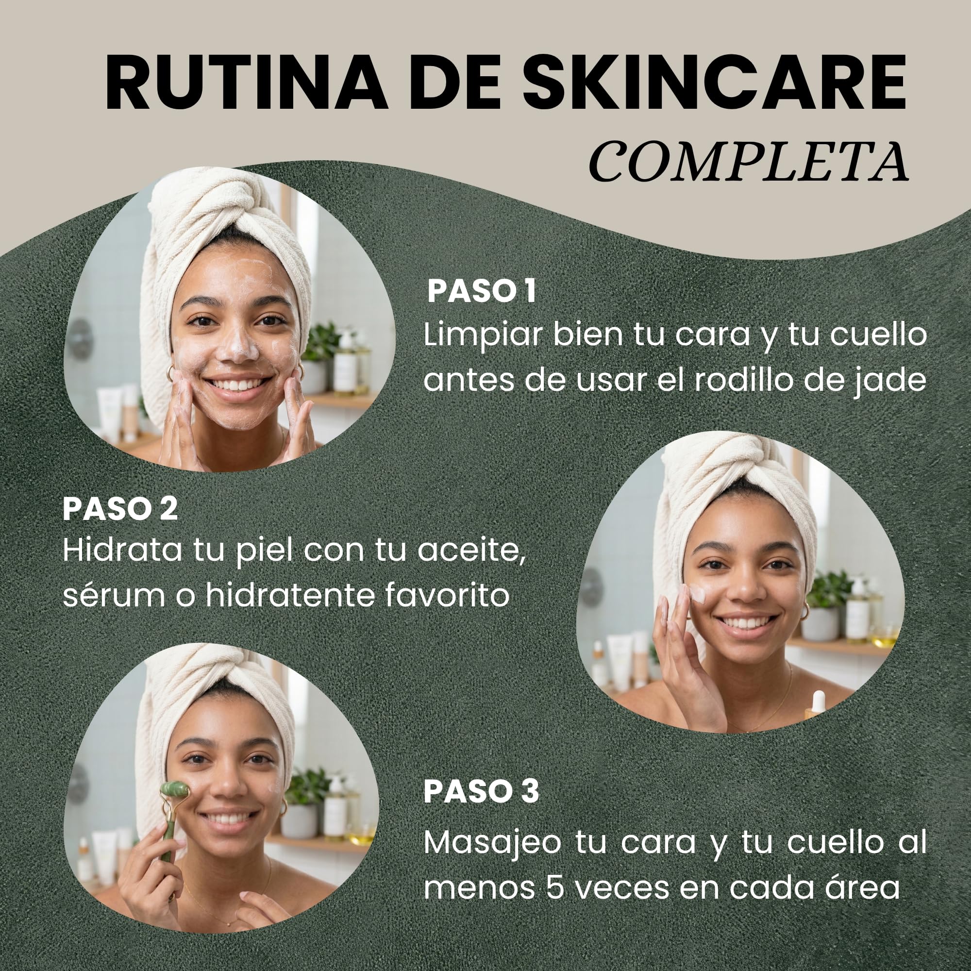 Set Gua Sha Facial y Rodillo de Jade 100% auténtico | Masajeador Facial con Rodillo Liso, Rodillo Dentado y Piedra Guasha | Kit Reafirmante y Drenaje antiarrugas para tonificar la piel - 4