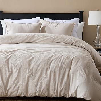WDCOZY Beige King Size Jacquard Duvet Cover Set with Zipper Closure, Modern Washed Soft Striped Bedding, Textured Seersucker Like Cotton Linen, 1 Duvet Cover and 2 Pillow Shams, No Comforter