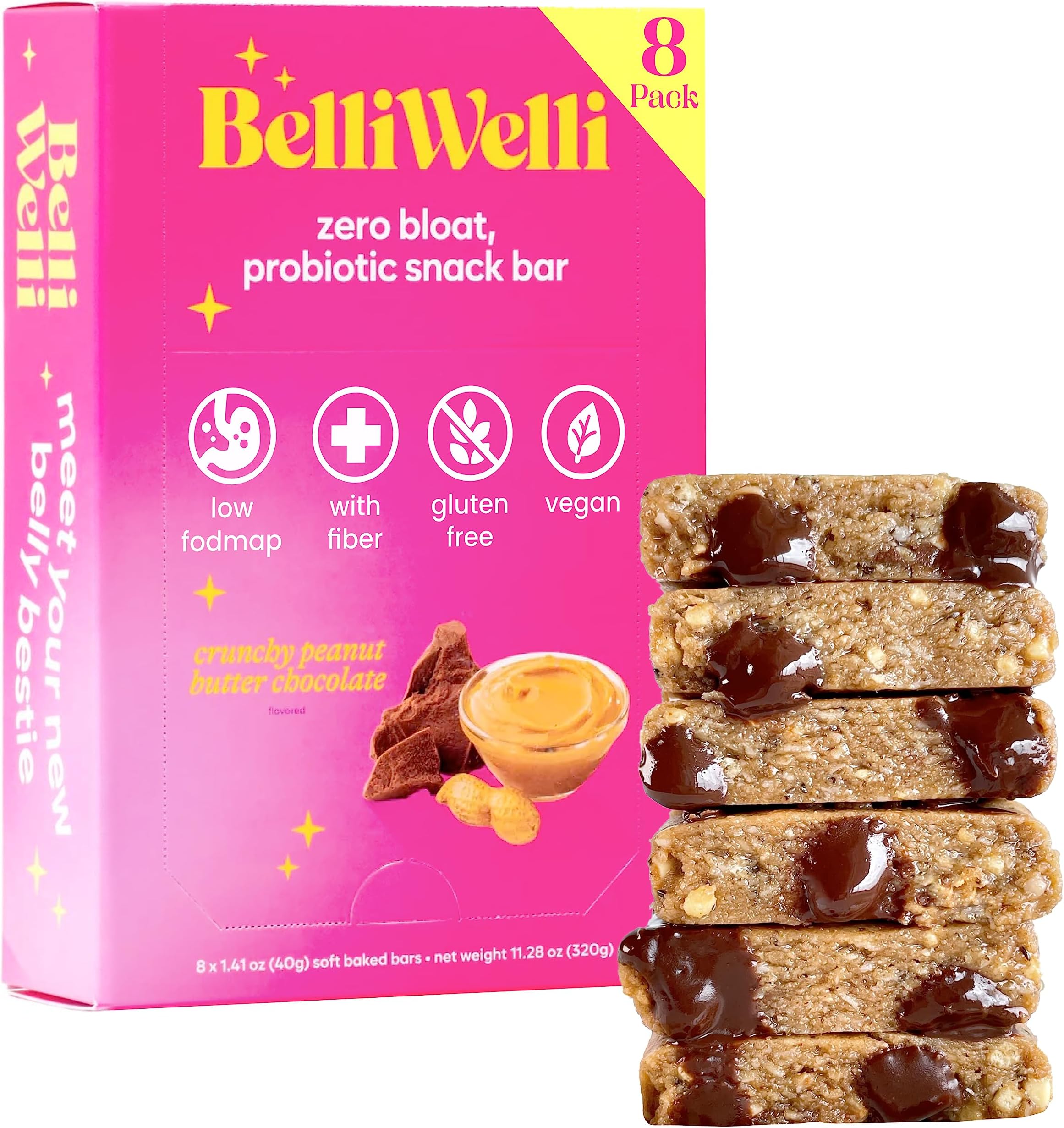 Belliwelli Soft Baked Probiotic Snack Bars | Gluten-Free, Dairy-Free, Vegan, Low-FODMAP | High-Fiber, Healthy & Tasty | Crunchy Peanut Butter (8 Pack)