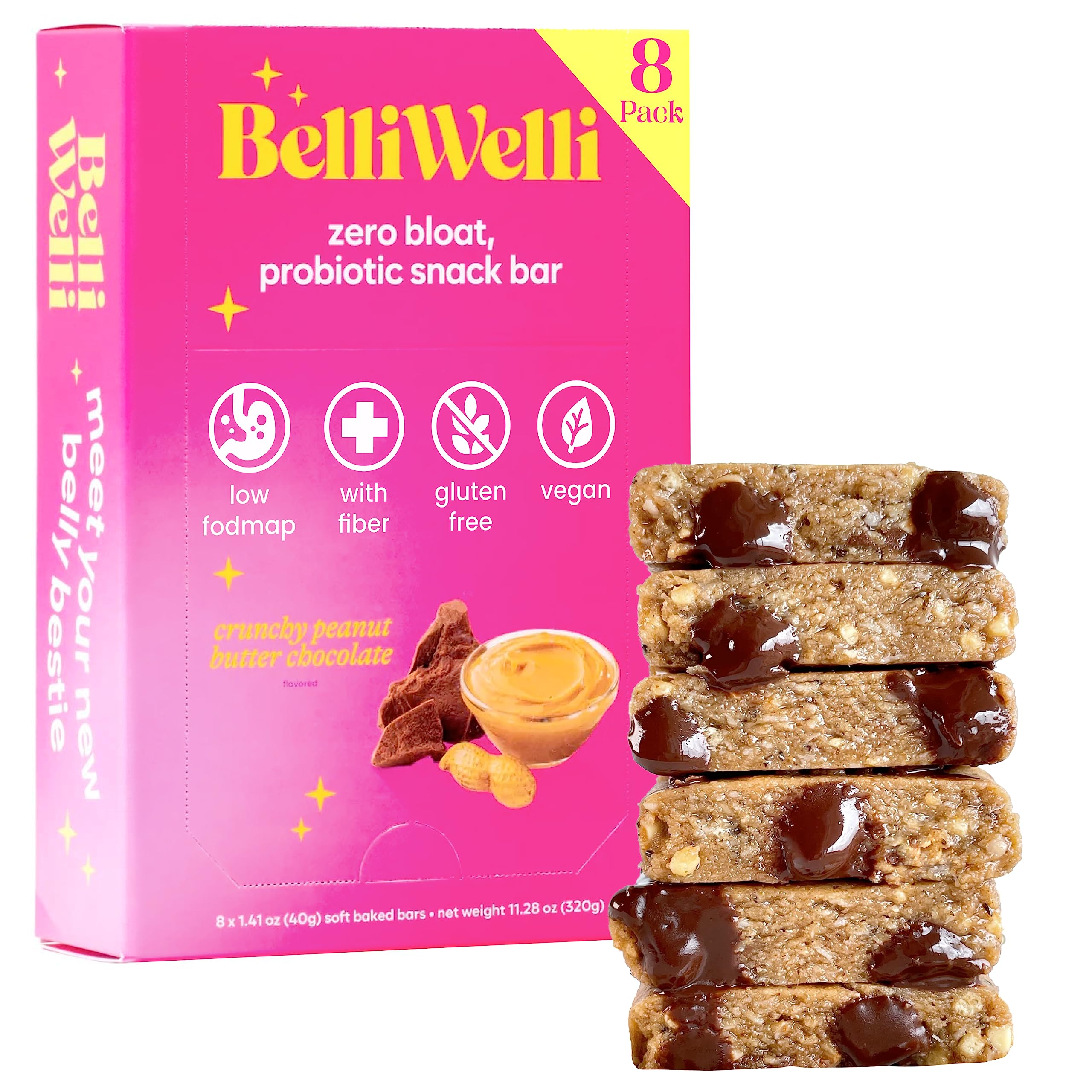Belliwelli Soft Baked Probiotic Snack Bars | Gluten-Free, Dairy-Free, Vegan, Low-FODMAP | High-Fiber, Healthy & Tasty | Crunchy Peanut Butter (8 Pack)