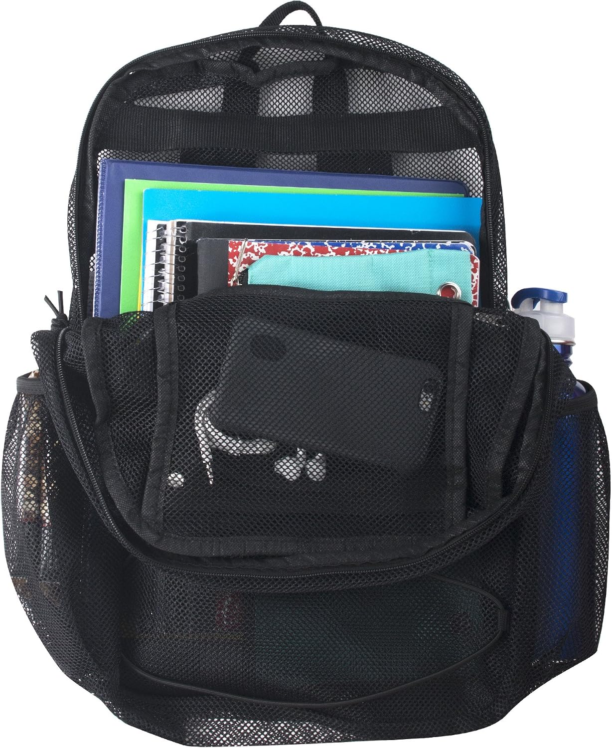 Deluxe Mesh Backpack with Bungee Cord & Adjustable Padded Straps, for Swimming, School, Travel (Black)