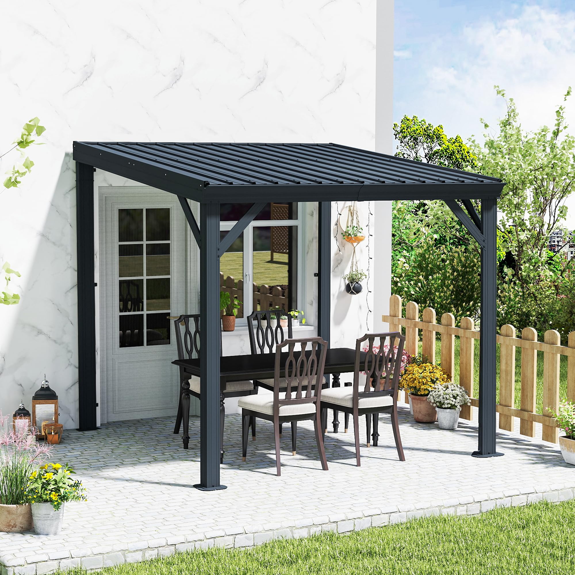 Domi 8' x 8' Lean to Gazebo, Wall Mounted Gazebos Pergola with Built in Drainage System, Galvanized Steel Roof, Hardtop Patio Shelter for Deck, Porch,
