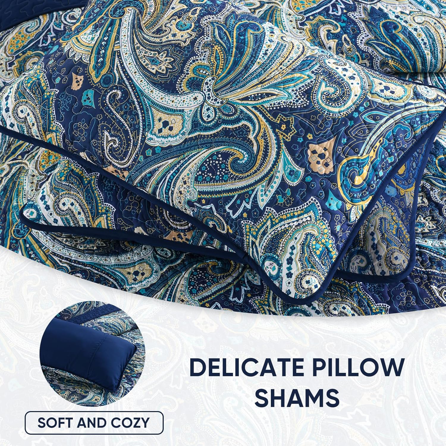 DJY Navy Blue Paisley Quilt Set Queen Size Boho Bedspread Coverlet Set 3 Pieces, Soft Lightweight Microfiber Vintage Navy Gold Paisley Floral Pattern Bedding for All Season, 96''x90'' - Image 5