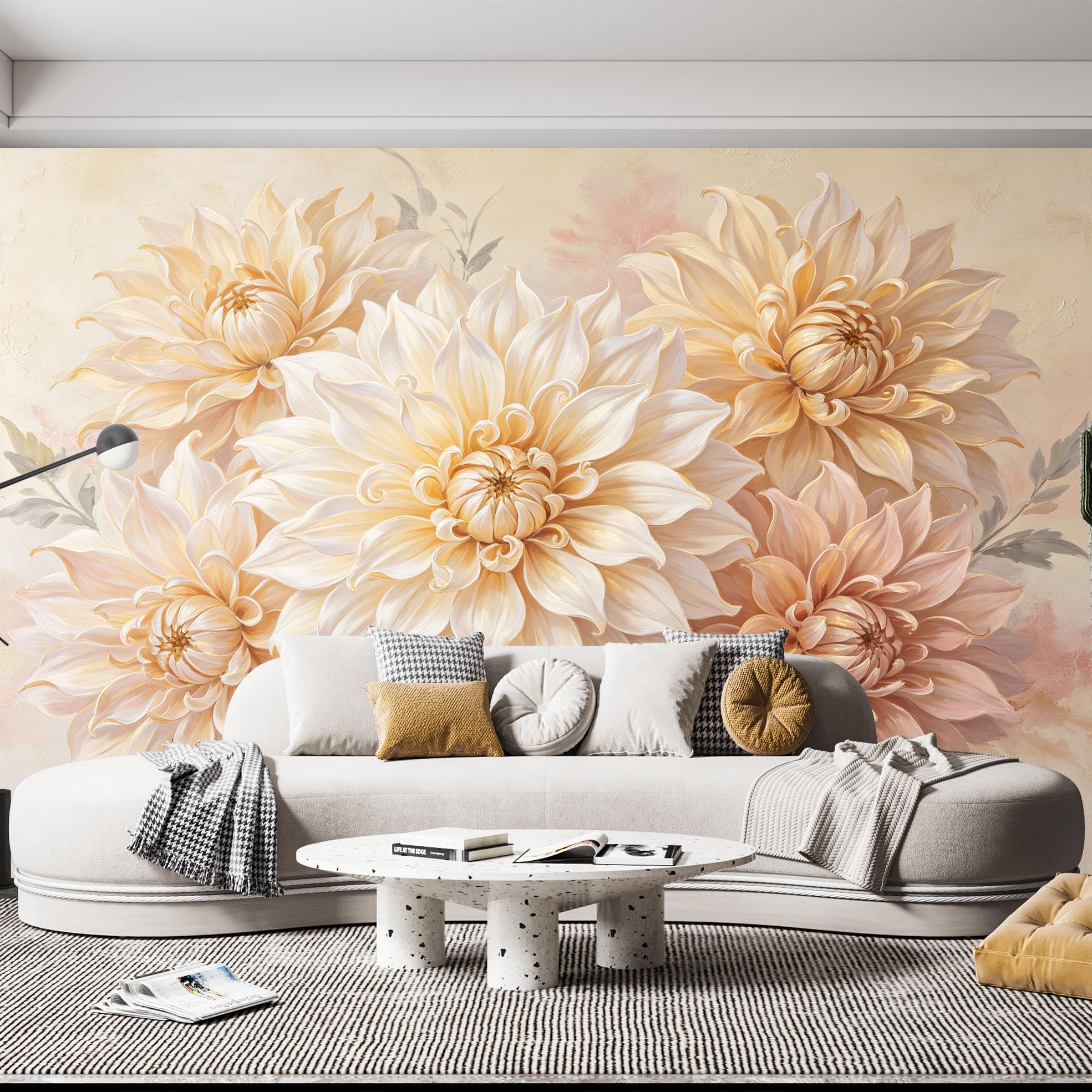 Elegancka botaniczna tapeta ścienna, duży format, kwiatowa, tapeta na fizelinie, nowoczesna, klasyczna, kwitnące kwiaty, 250 x 175 cm, kremowa, beżowa, akcentująca dekoracja ścienna do salonu