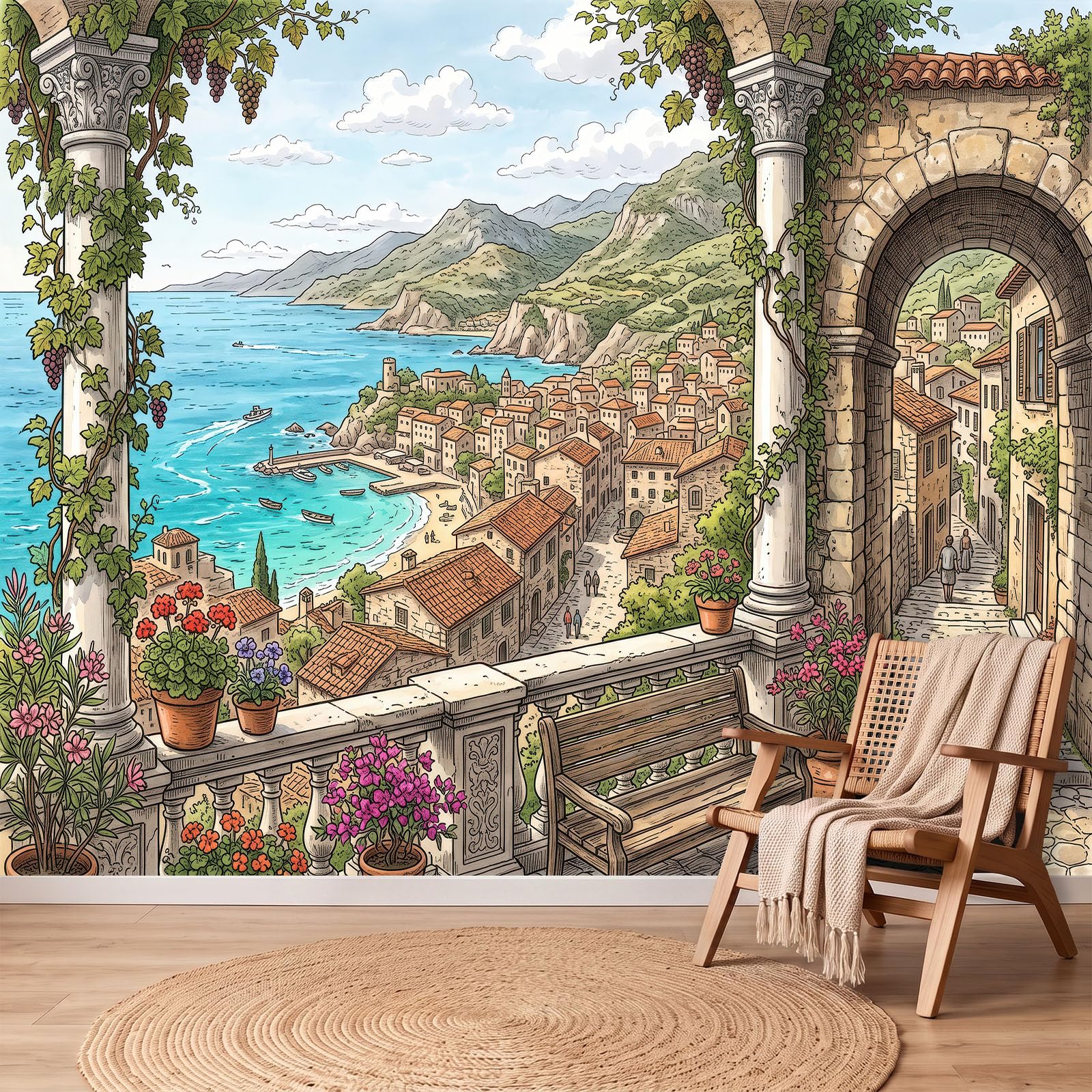 Carta da parati 3D Panoramica Murale, Nautica Carta da Parati in Tessuto Non Tessuto, Poster 350 x 256 cm, Decorazione murale Soggiorno, Camera da letto, Città Balneare Romantica