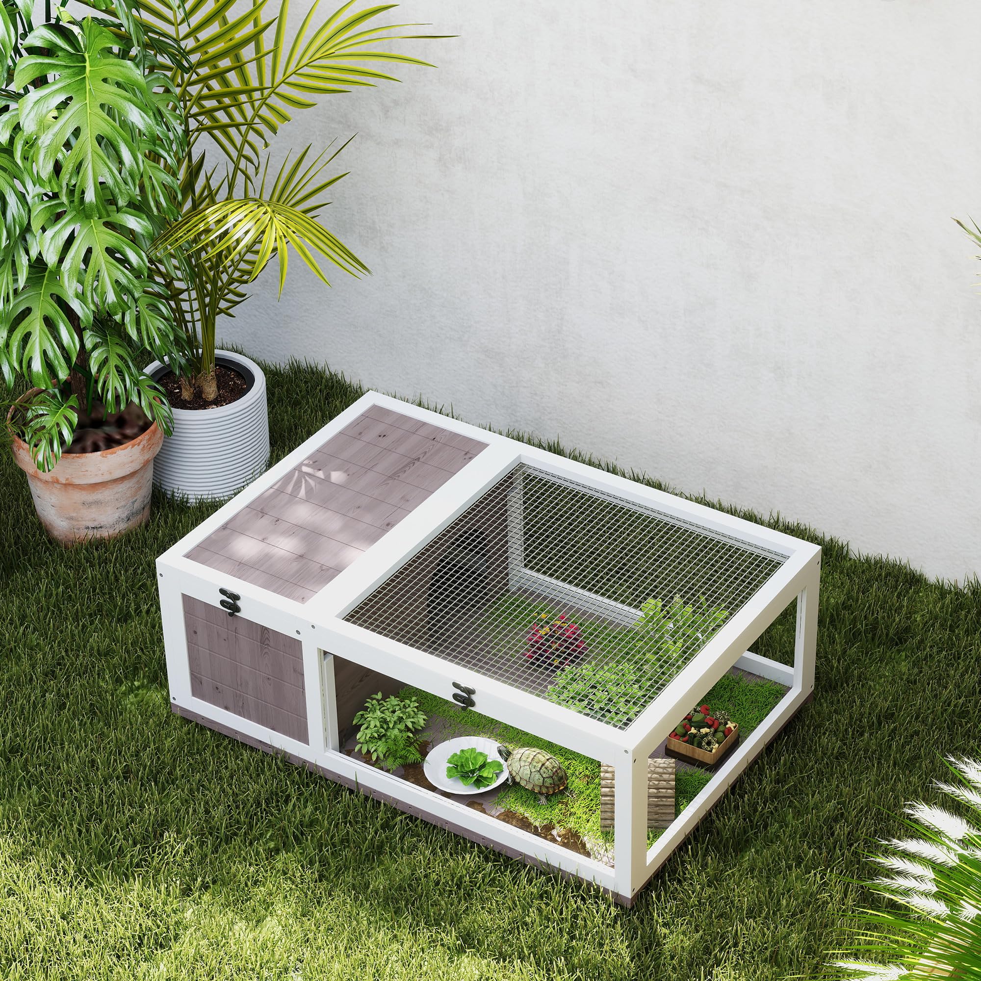 PawHut Casa per Tartarughe di Terra con Pannello Apribile e 2 Spazi Separati, Terrario Tartarughe di Terra in Legno di Abete e Acciaio Zincato, 91x60.5x32 cm, Marrone Chiaro