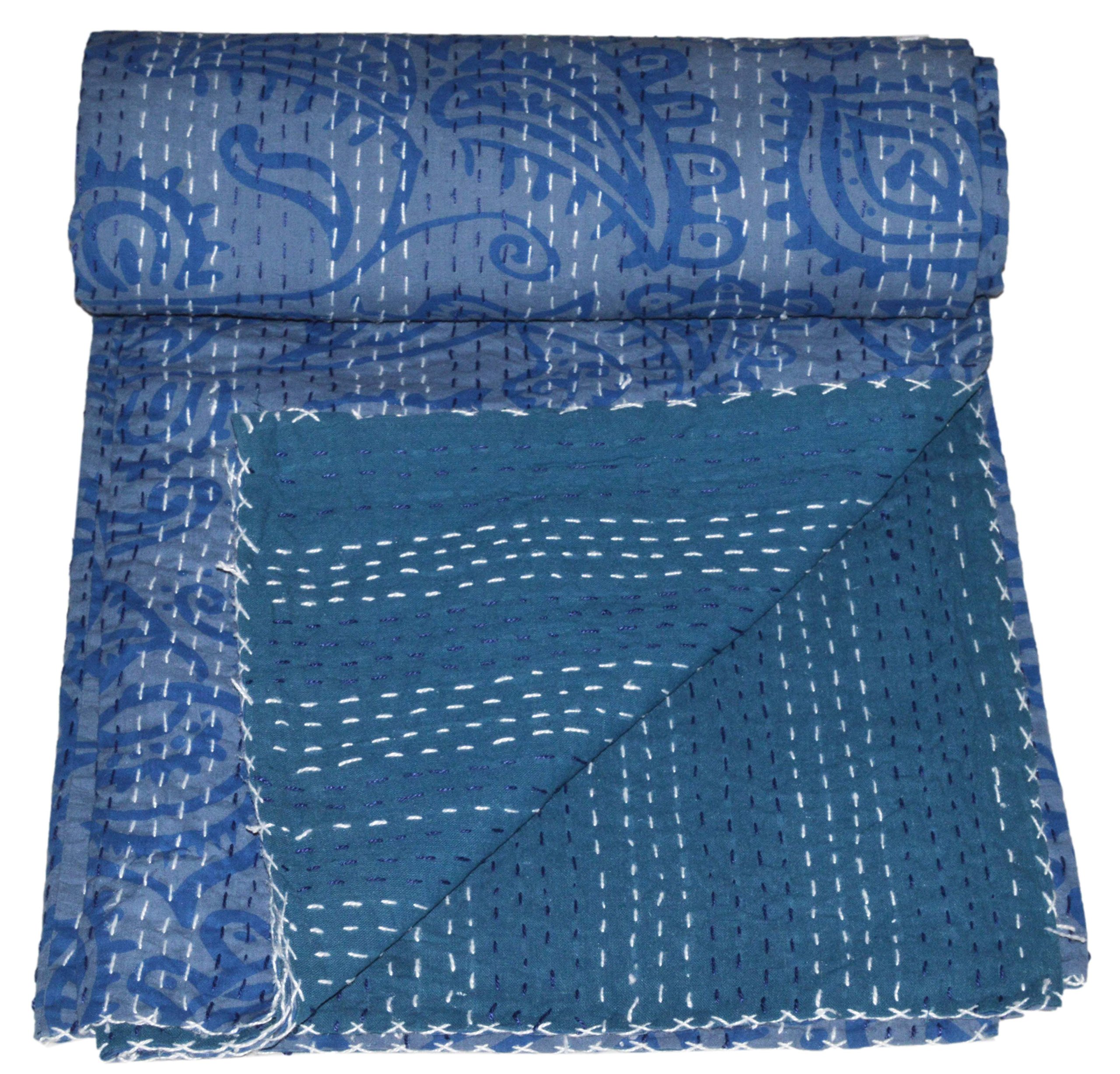 Trapunta Indiana Kantha Yuvancrafts Fatta A Mano In Cotone | Copriletto Doppio Con Stampa Indaco, Ricamo Tradizionale, Artigianato Dal Rajasthan