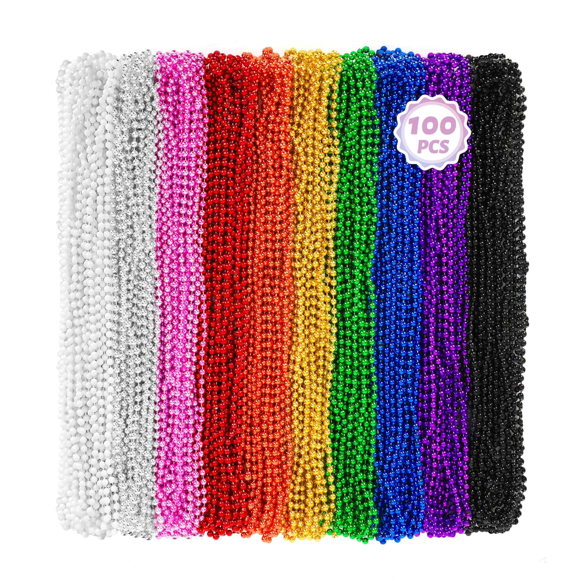 Huskein 100 PCS Mardi Gras Beads, 33" Assorted Colors Carnival Beads Bulk, 10 Kinds Colors Beaded Stuff Set, Parade Accessories Set, Round Costume Necklaces for Festive Party Supplies