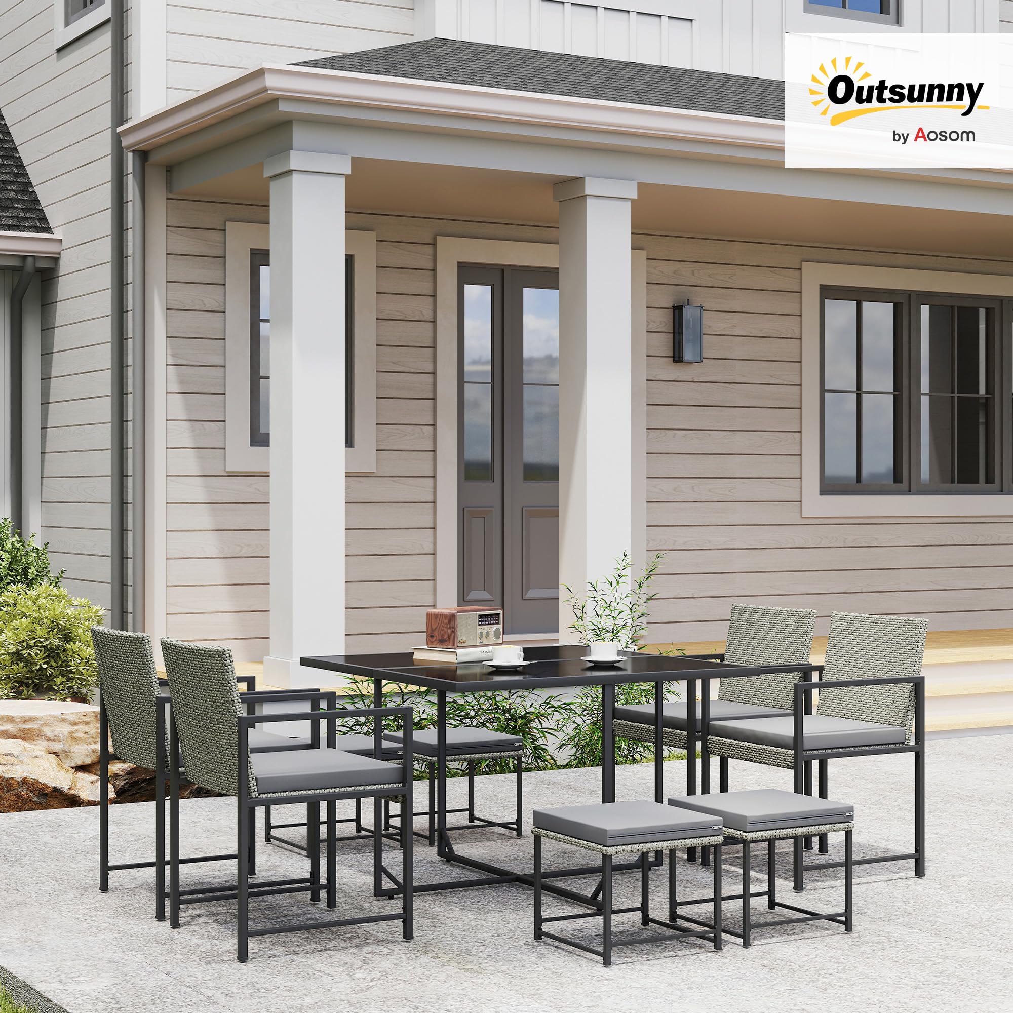 Outsunny Salon de Jardin extérieur en résine tressée 8 Places, Table et chaises de Jardin extérieur, 4 fauteuils, 4 tabourets, Coussins, Plateau en Verre trempé, pour terrasse, Balcon, Patio, Gris