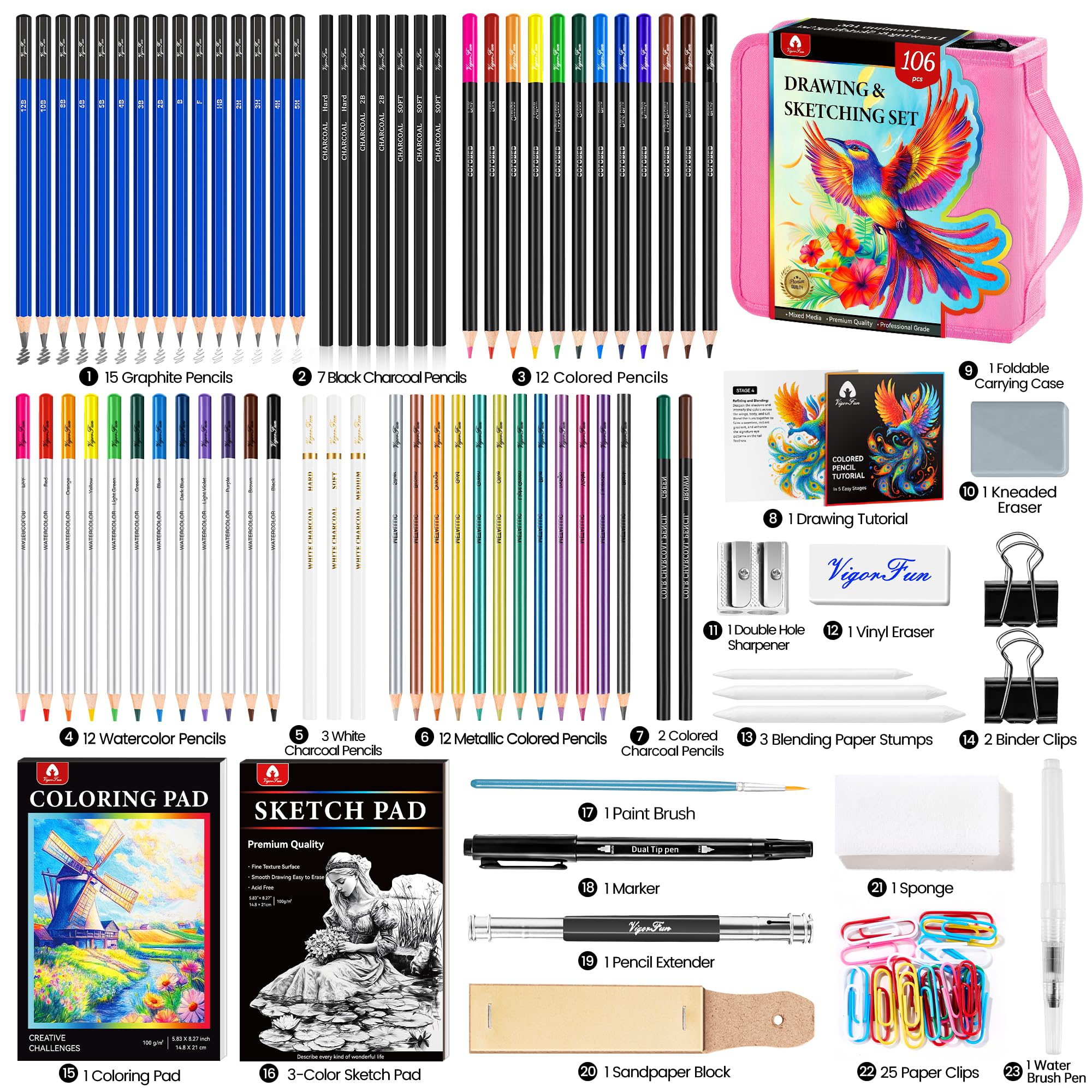 Kit di 106 pezzi di forniture artistiche per schizzi, matite da disegno professionali con album da disegno a 3 colori, libro da colorare, grafite colorata carbone acquerello e matite metalliche,