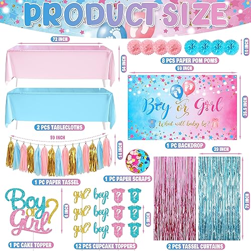 Miniatura 2 de 109 piezas de decoraciones de revelación de género niño o niña, suministros para fiesta de revelación de género incluyendo globos, manteles, telón