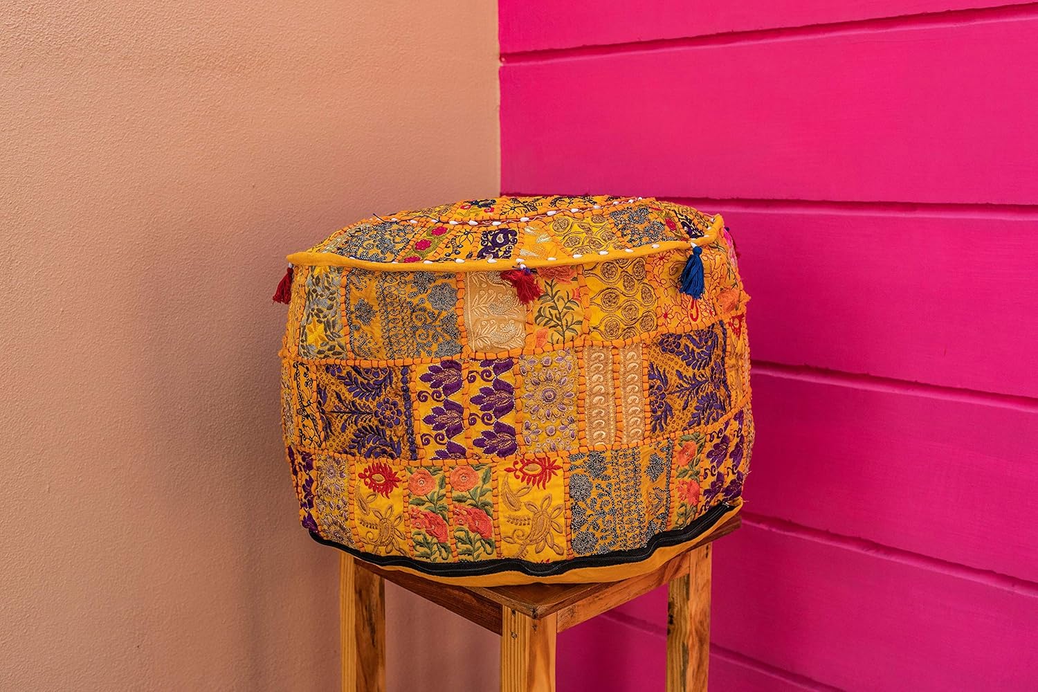 THE ART BOX Cotton Patchwork Vintage Pouf Covers (14x22 Inches, Cover Only) Boho Embroidered Bean Bag Seating Ottoman Kids Stool Decorative Chair Bohomian Home Décor