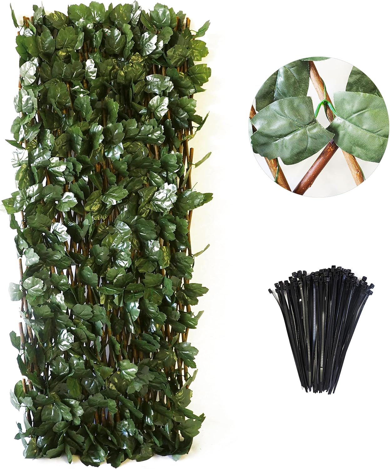 Ifenceview Retractable Expandable Wooden Faux Ivy Hedge Privacy Fence Wall Screen Panels Trellis Lattice for Balcony Patio Yard Garden Decor (1, Dark Green Maple Leaves), 15 x 48 inch