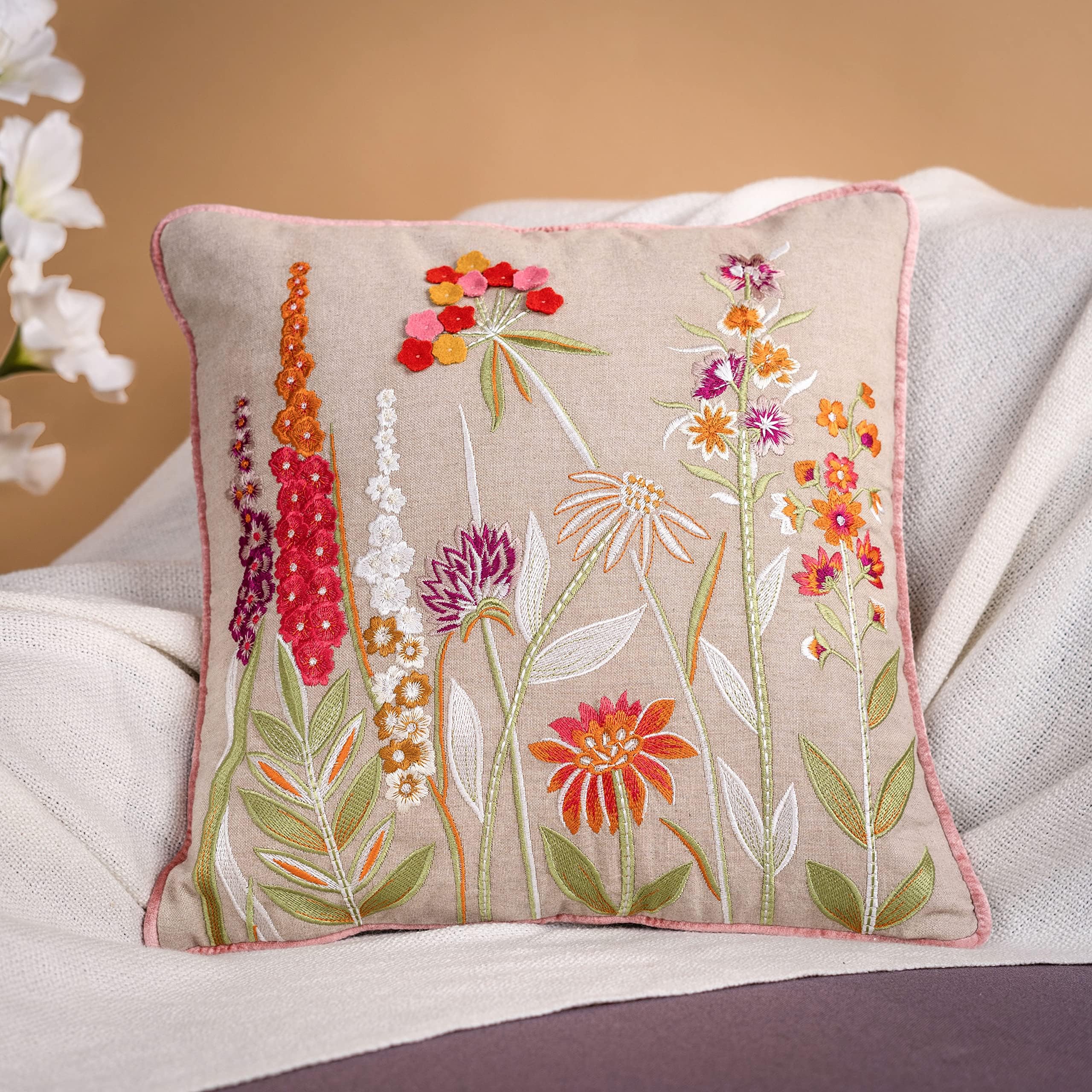 Cotton,210 TC Decorative Embroidered Cushion Cover | Knitted Chambray Front Throw Pillow Cushion Cover for Sofa Living Room | 16Inch X 16Inch | Embroidery Felt