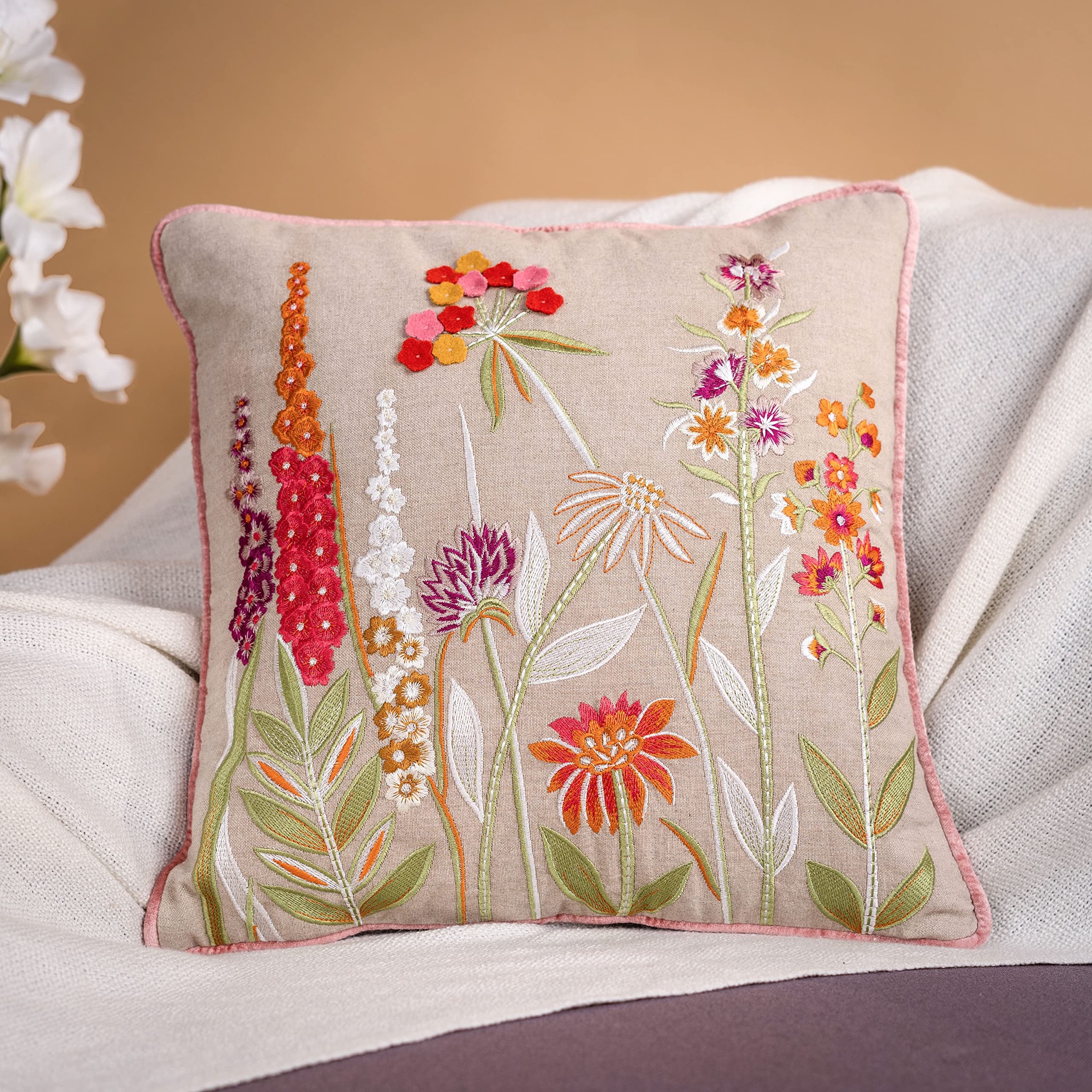 haus & kinder Cotton,210 TC Decorative Embroidered Cushion Cover | Knitted Chambray Front Throw Pillow Cushion Cover for Sofa Living Room | 16Inch X 16Inch | Embroidery Felt