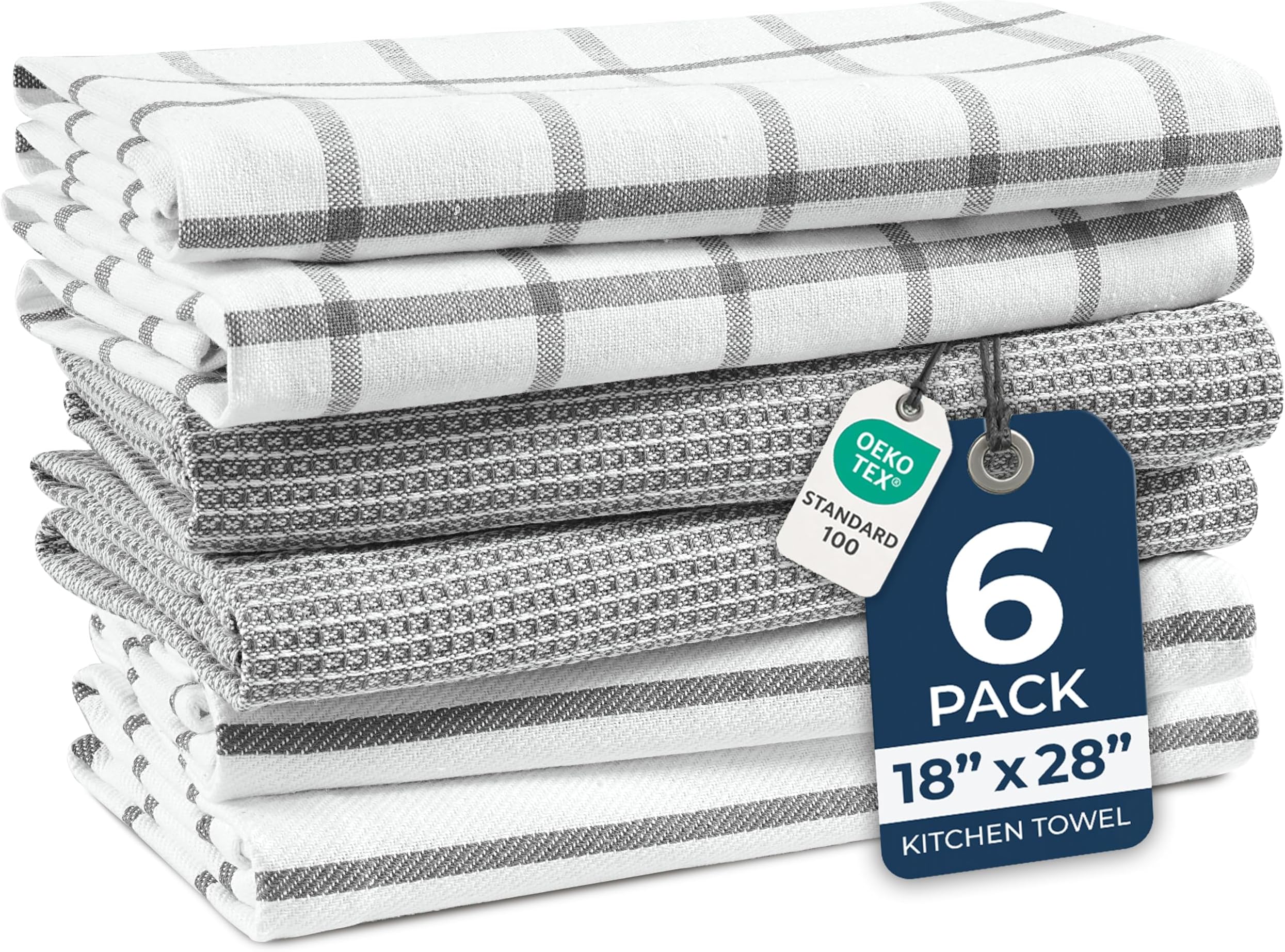 LANE LINEN Cotton Kitchen Towels and Dish Cloths Set, 6-Pack – Absorbent, Quick-Drying Dish Towel, 18" x 28", Soft, Premium Hand and Tea Towels - Grey