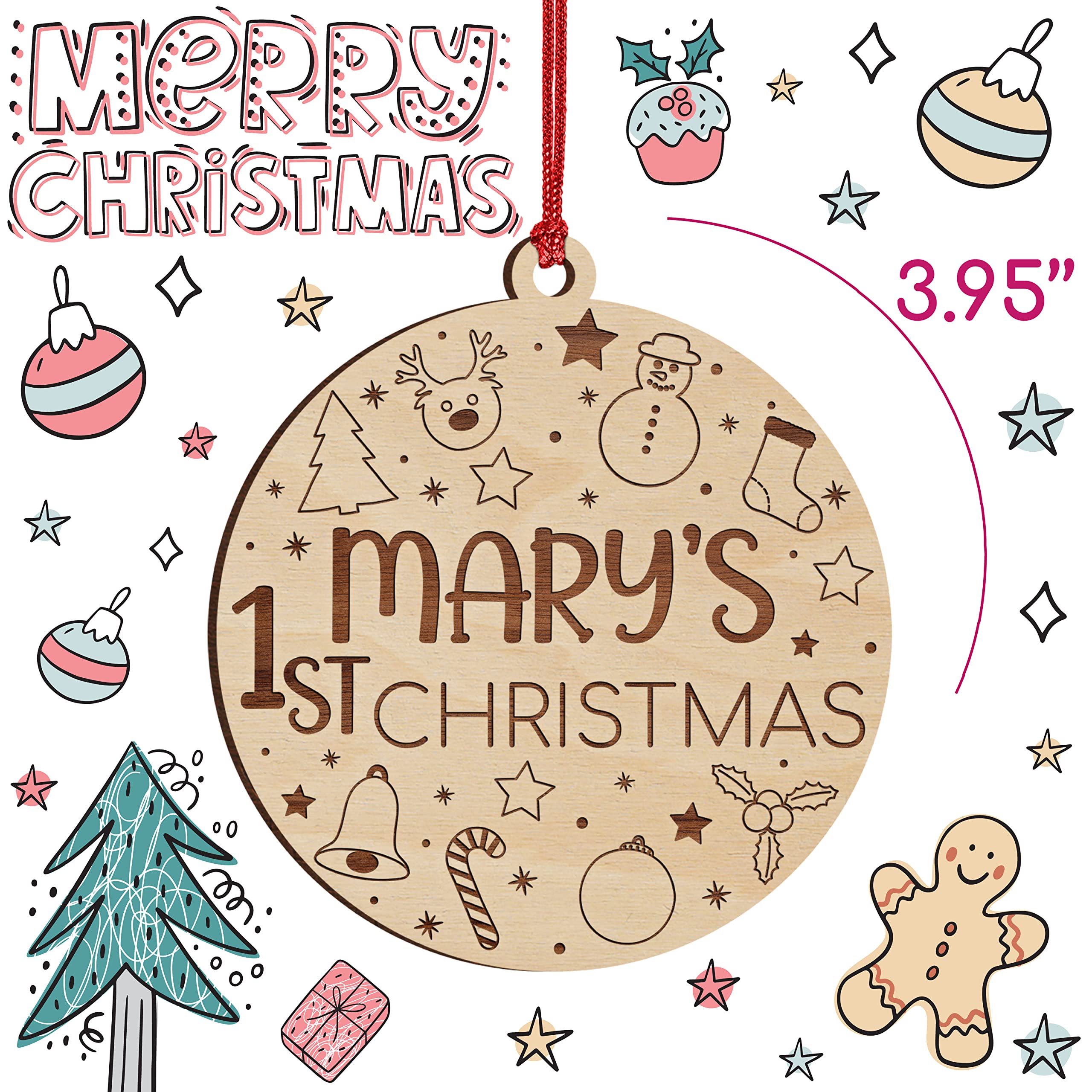 Personalized Baby's First Christmas Ornament 2024 w/Name I Newborn I Keepsake Ornaments for Baby Girl, Baby Boy - Laser Engraved Wood Ornament