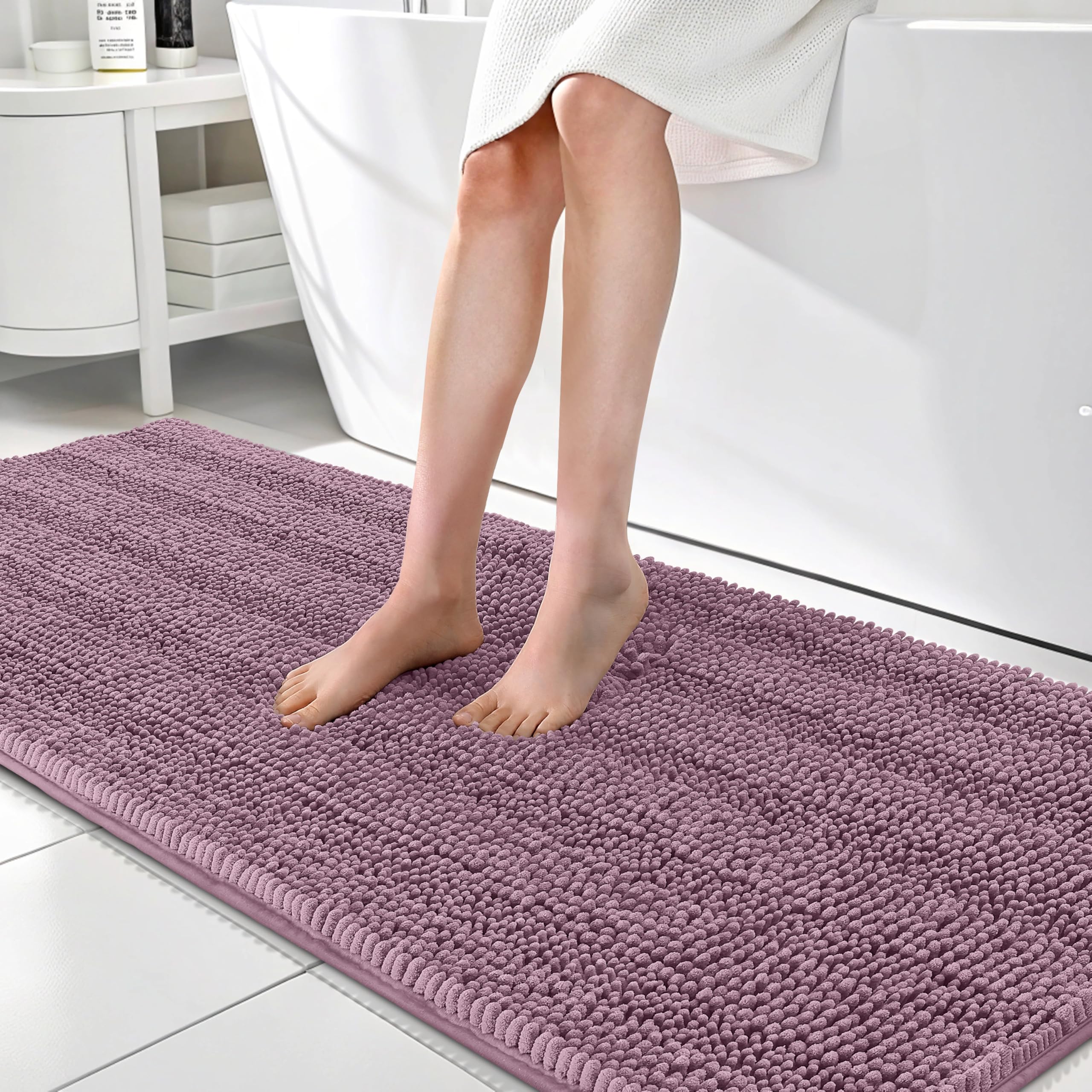 OLANLY Thick Bathroom Runner Rugs 70x24, Soft Chenille Bath Rugs, Deep Plum