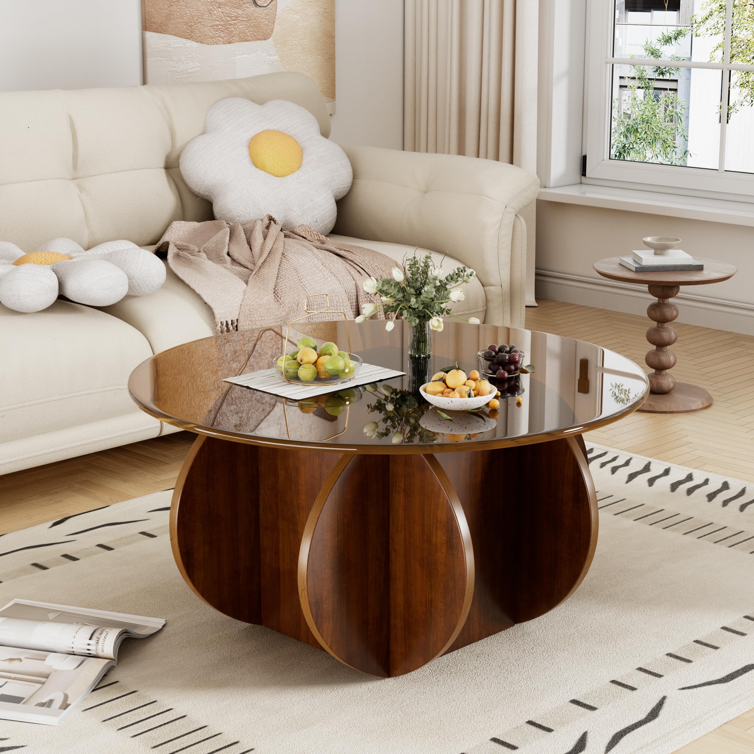 Mesa de Centro Redonda de Cristal Templado con Base De Madera Mesa de Salón Redonda Mesa Auxiliar Redond Mesa de Café de Salón Minimalista Mesita Baja Sofá para Salón Dormitorio Oficina Ø60cm * 40cmH