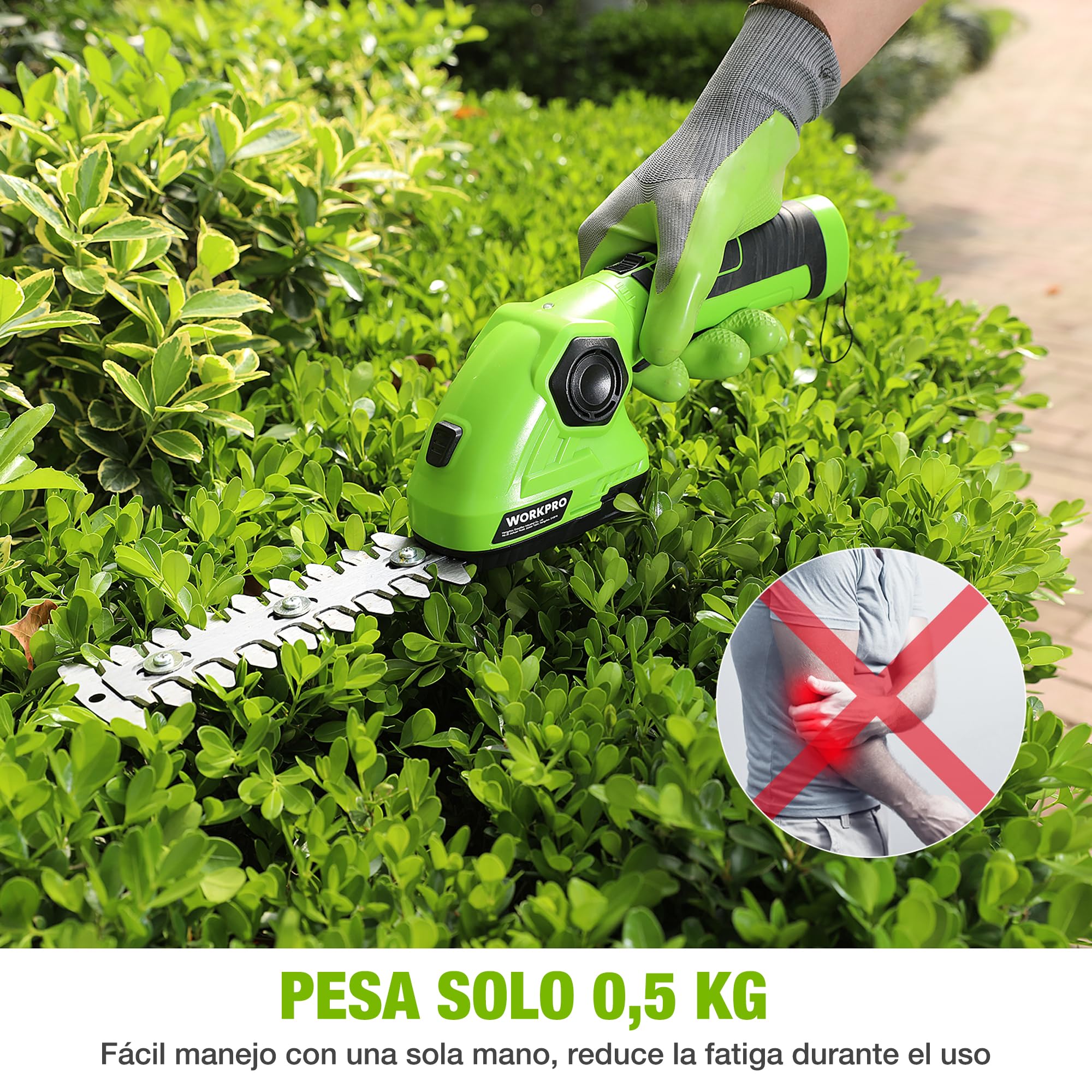 WORKPRO 2 en 1 Tijera Cortacésped y Arreglasetos, 7,2V Tijeras Cortacésped a Batería de 2Ah, 2 Cuchillas, Tijeras Arreglaseto, Ancho de Corte 97 mm, Largo de Corte 140 mm, Herramienta para Jardín